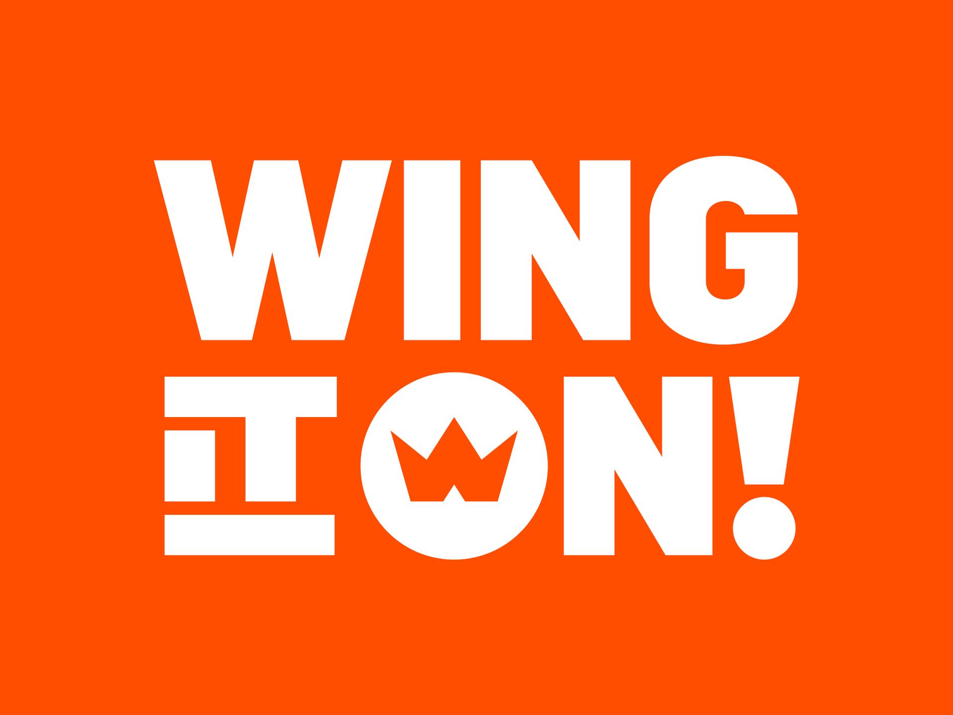 White “WING IT ON!” text and crown icon on an orange background.