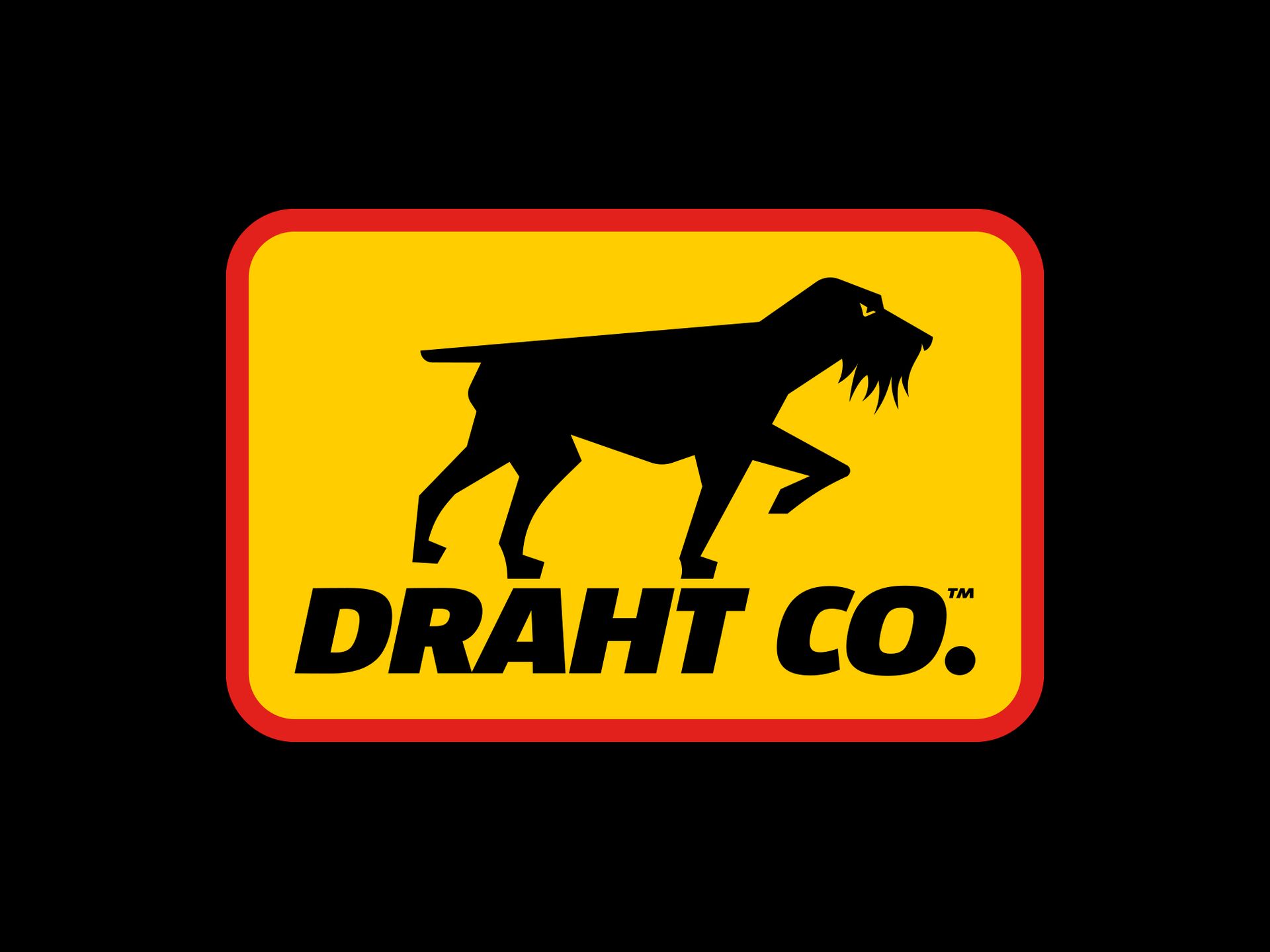 Draht Co. logo with black dog silhouette on yellow and red sign