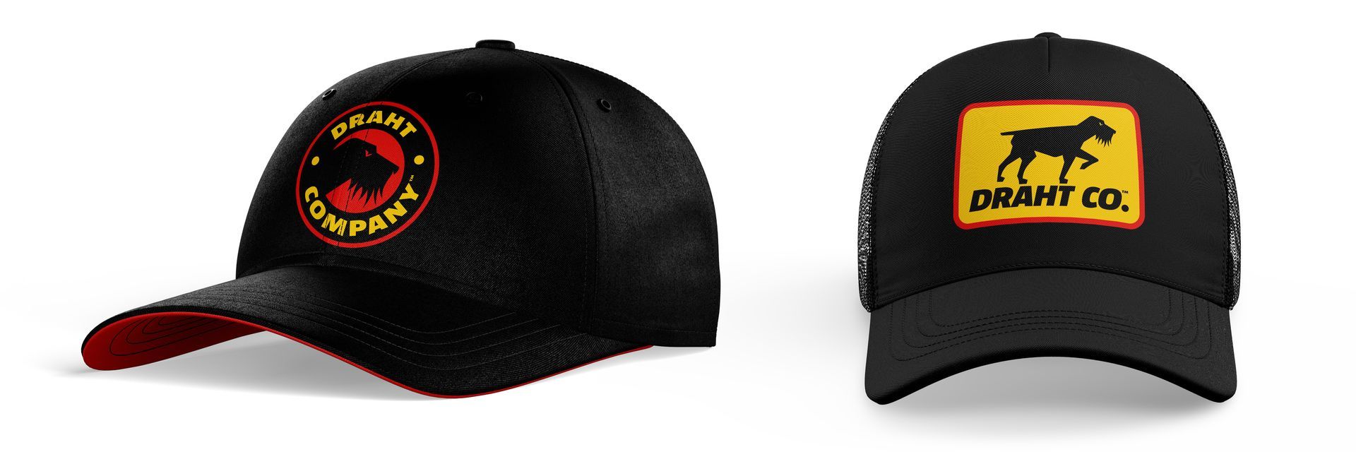 Two black baseball caps with red accents and yellow logos, shown from front and side views for Draht Co