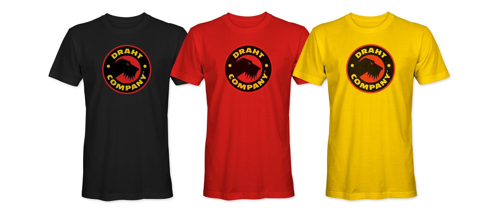 Three T-shirts in black, red, and yellow, each with a circular logo on the chest for Draht Co