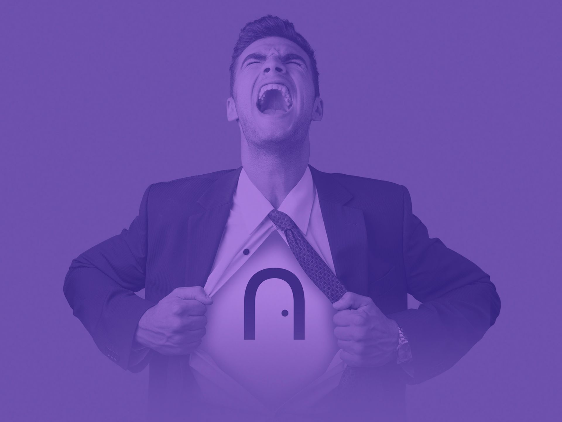 Businessman tearing open shirt to reveal a Intry brand mark, tinted purple