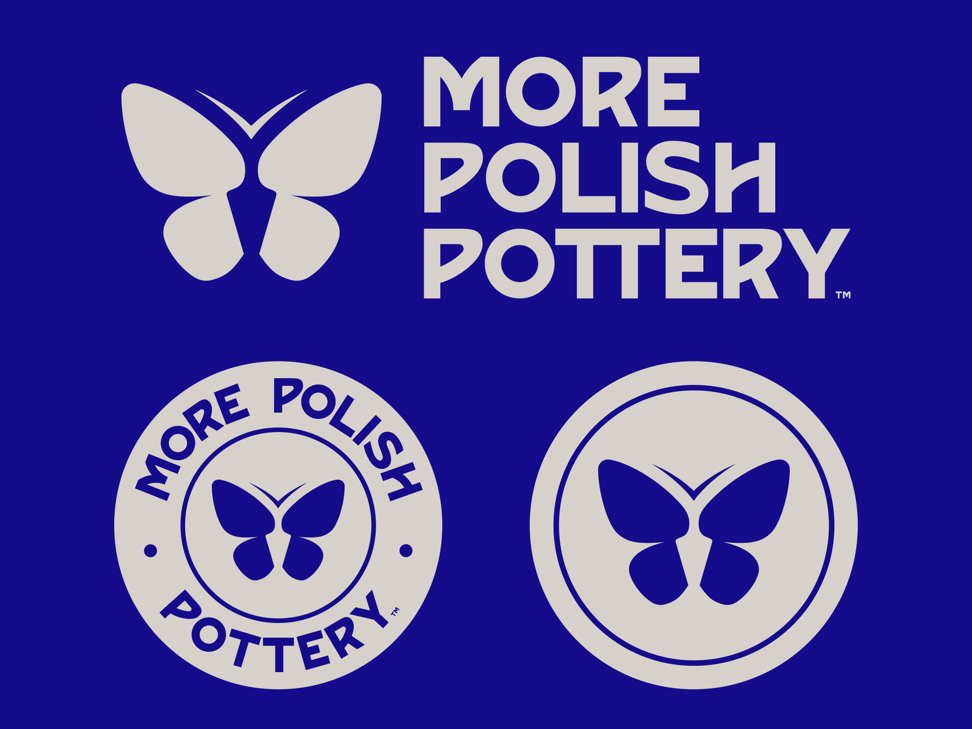 Blue “More Polish Pottery” logo with butterfly icons on a white and blue background