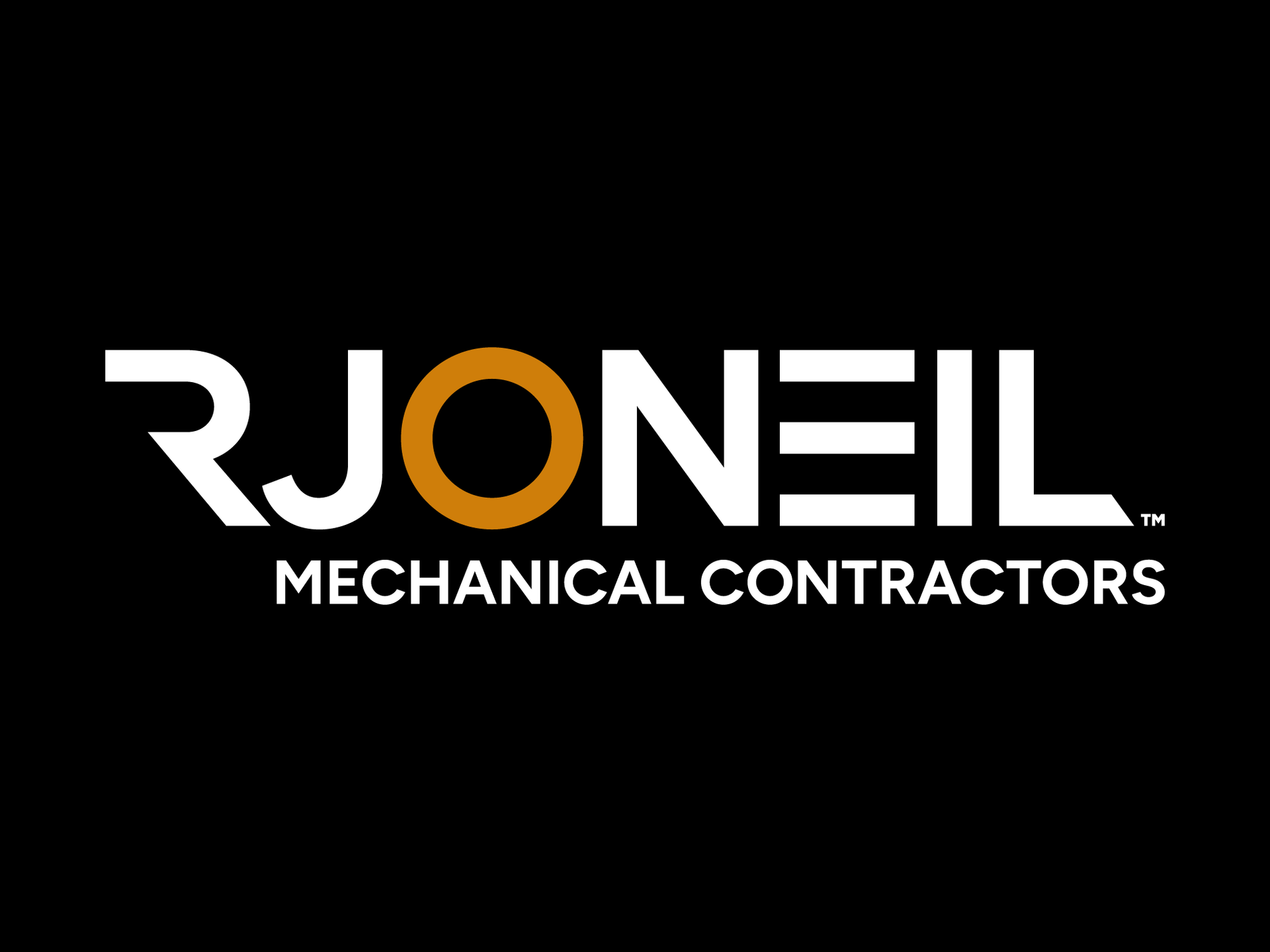 RJONEIL Mechanical Contractors logo in white and copper on a black background