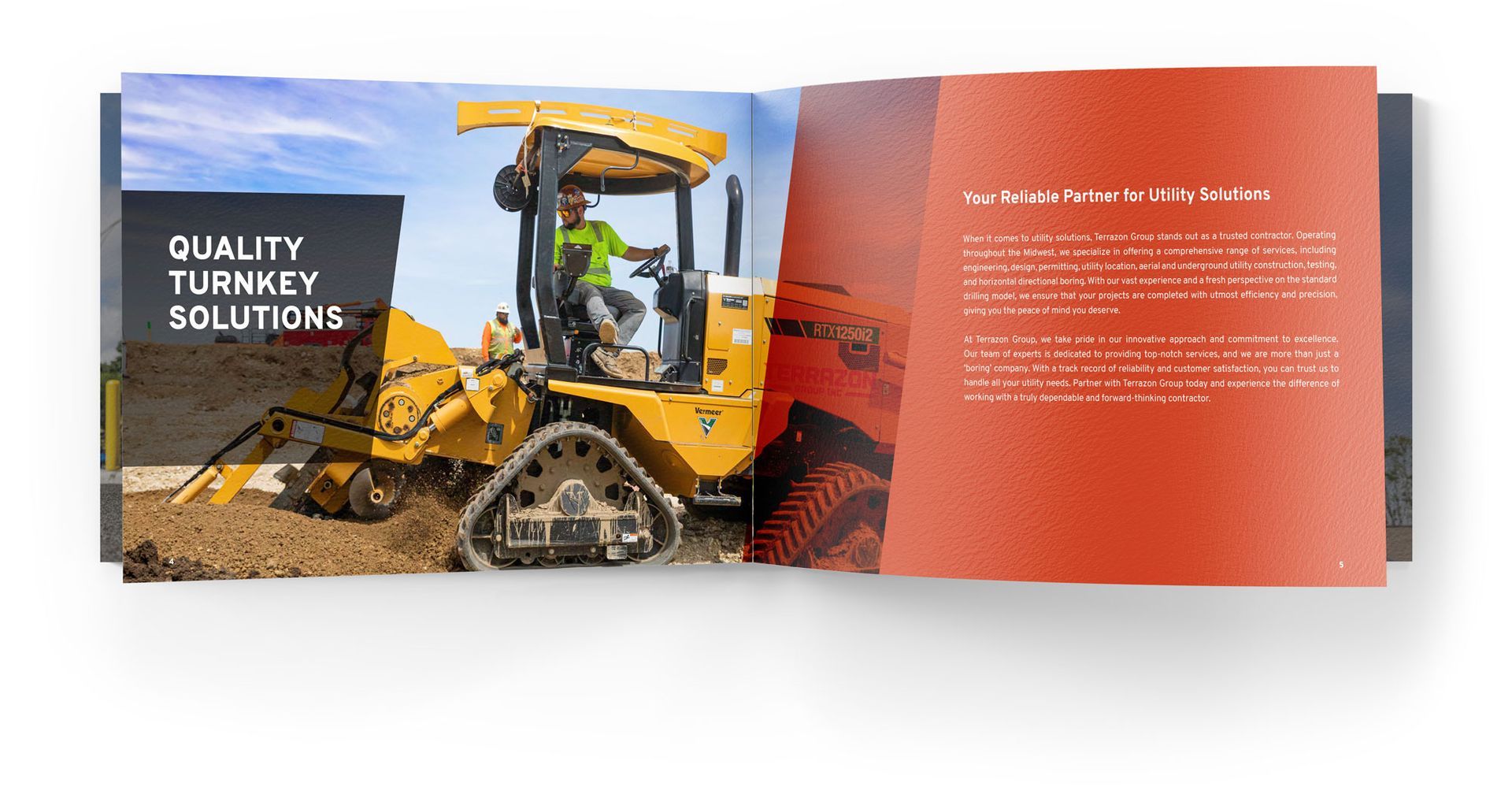 Booklet spread showing a yellow excavator and a red page with white text, titled “Quality, durability, solutions”