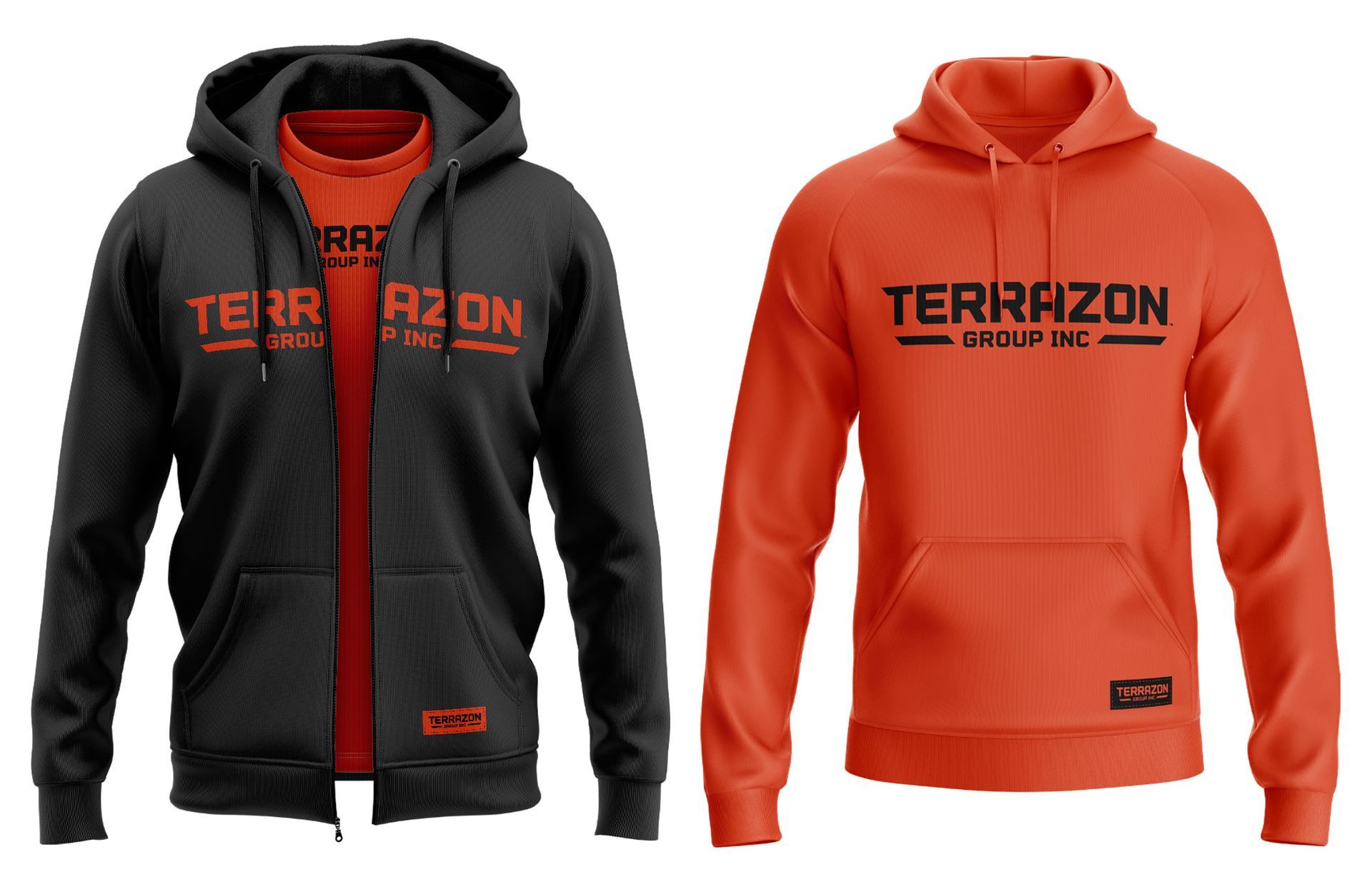 Two hoodies displayed side by side: black and orange Terrazon zip-up sweatshirts.