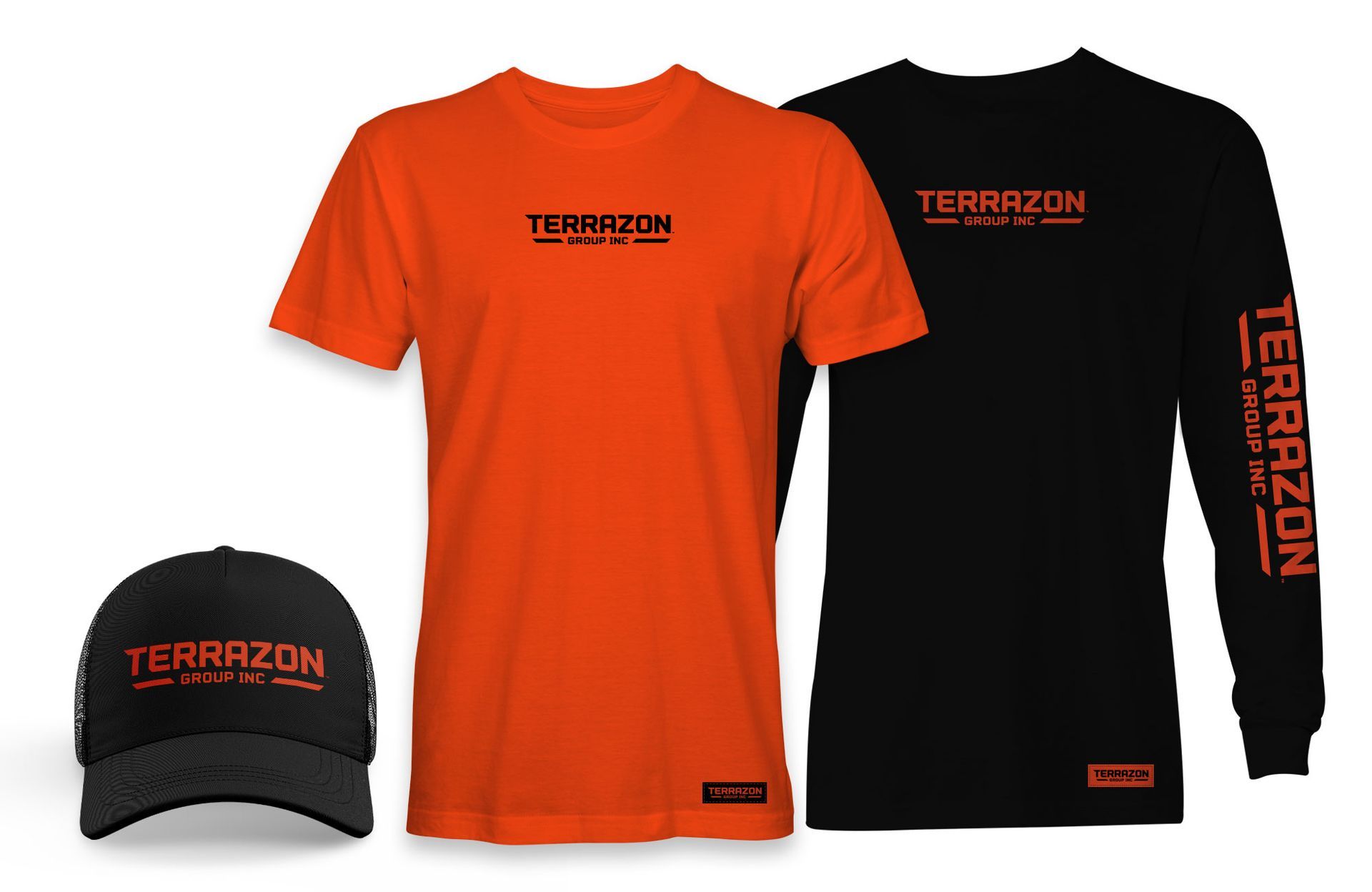 Orange and black Terrazon T-shirt, long-sleeve shirt, and cap with logo designs