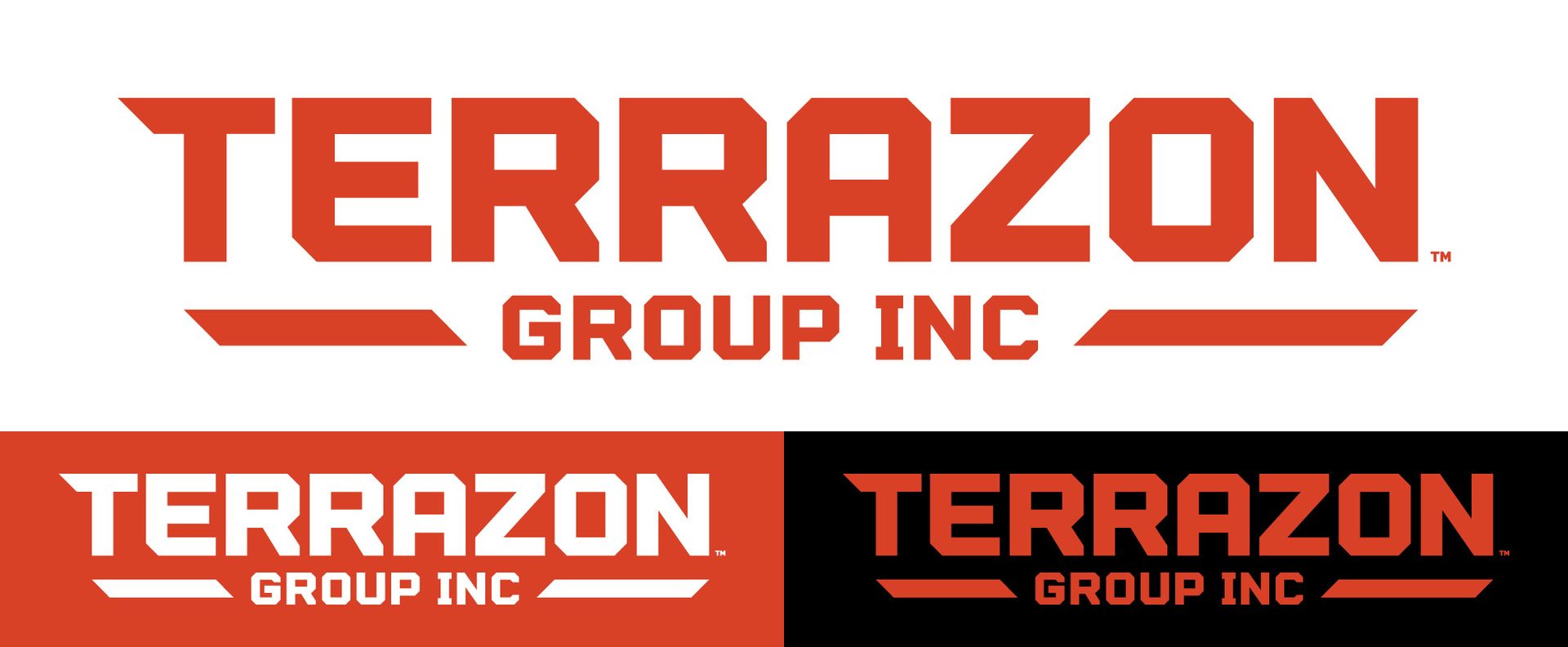 Terrazon Group Inc logo in orange and white, shown in three variations on a white and black background
