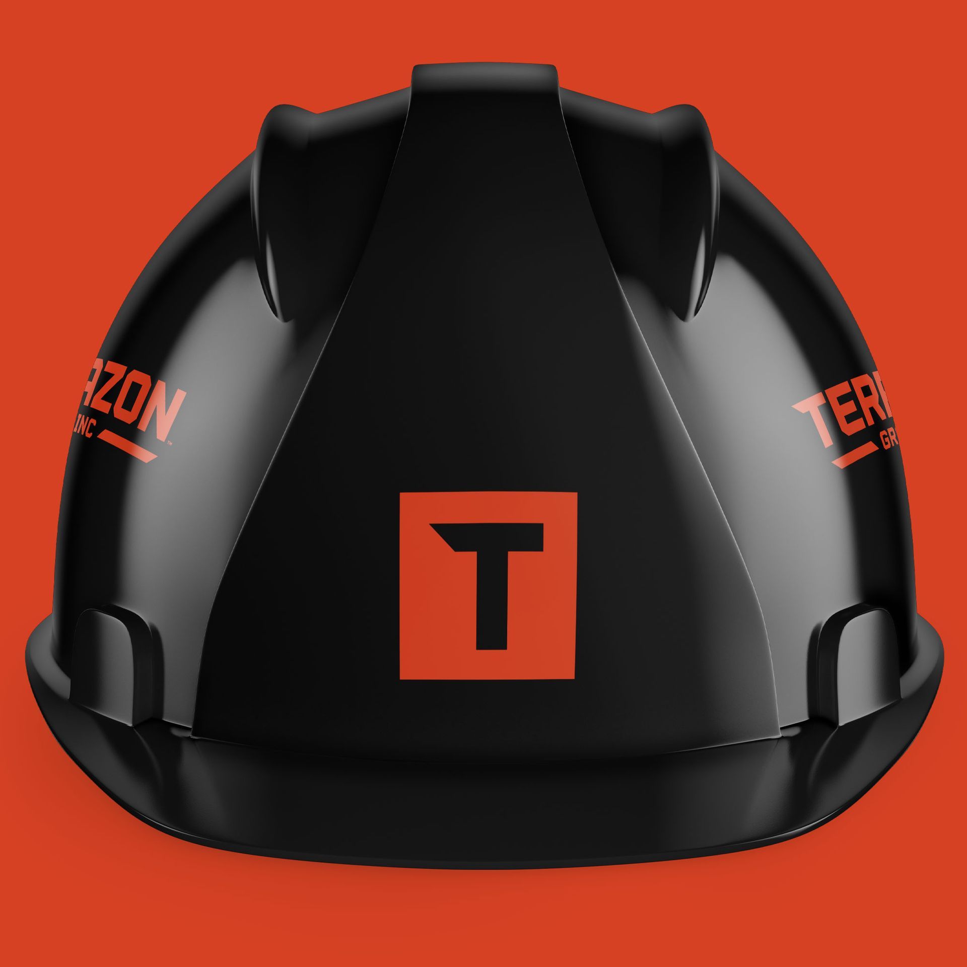 Black and orange hard hat with a centered orange T logo and Terrazon text on the sides