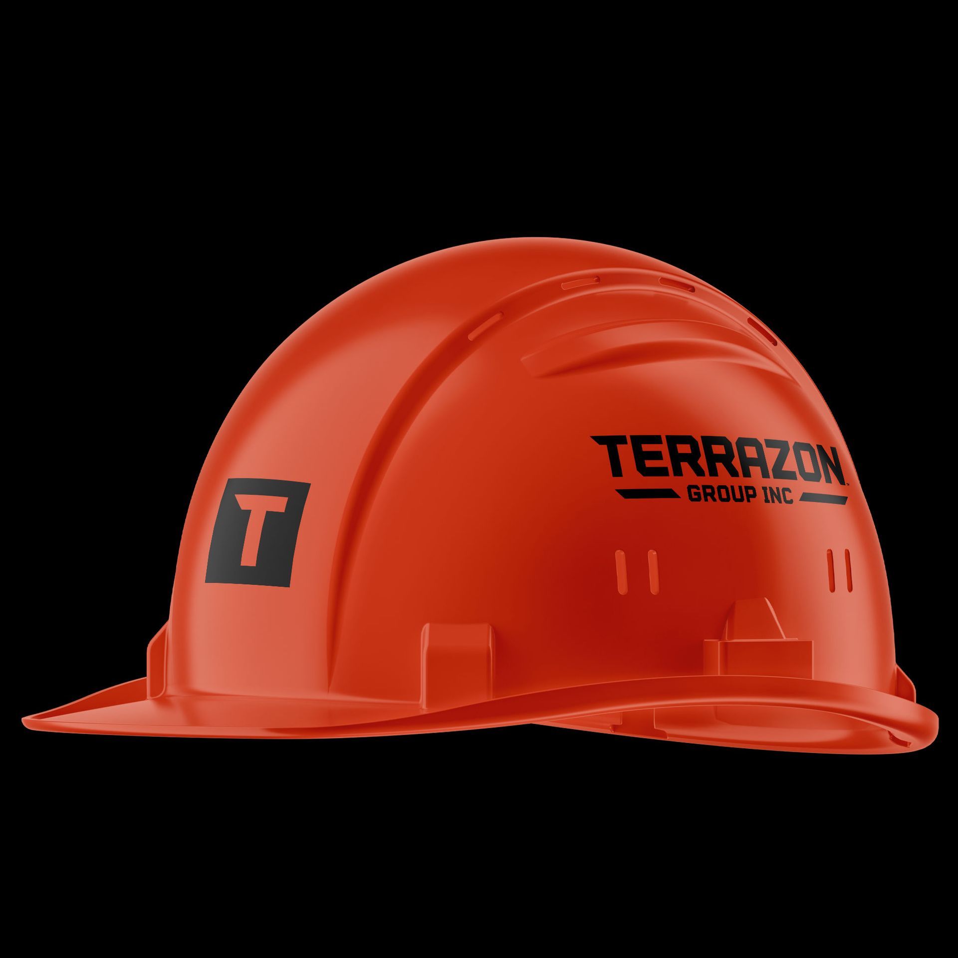 Orange hard hat with Terrazon Group Inc. logo on a black background