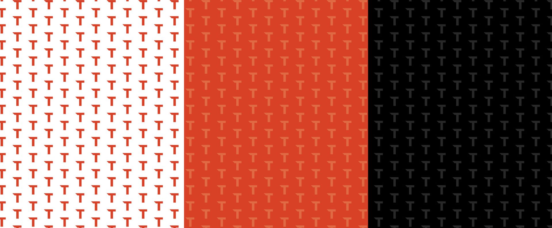 Three vertical panels with small white T-shaped marks on white, orange, and black backgrounds