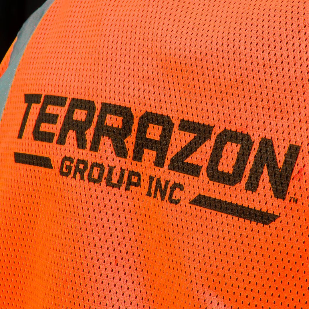 Orange safety vest with black “Terrazon GROUP INC” logo