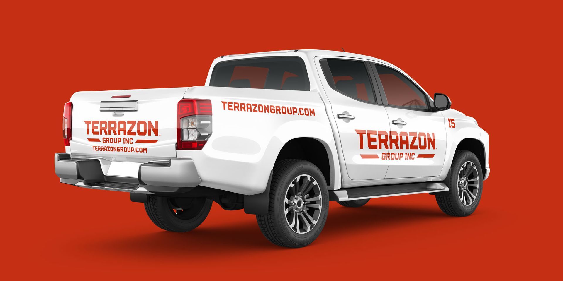 White Terrazon pickup truck on a red background, shown in side and rear view with branded decals.