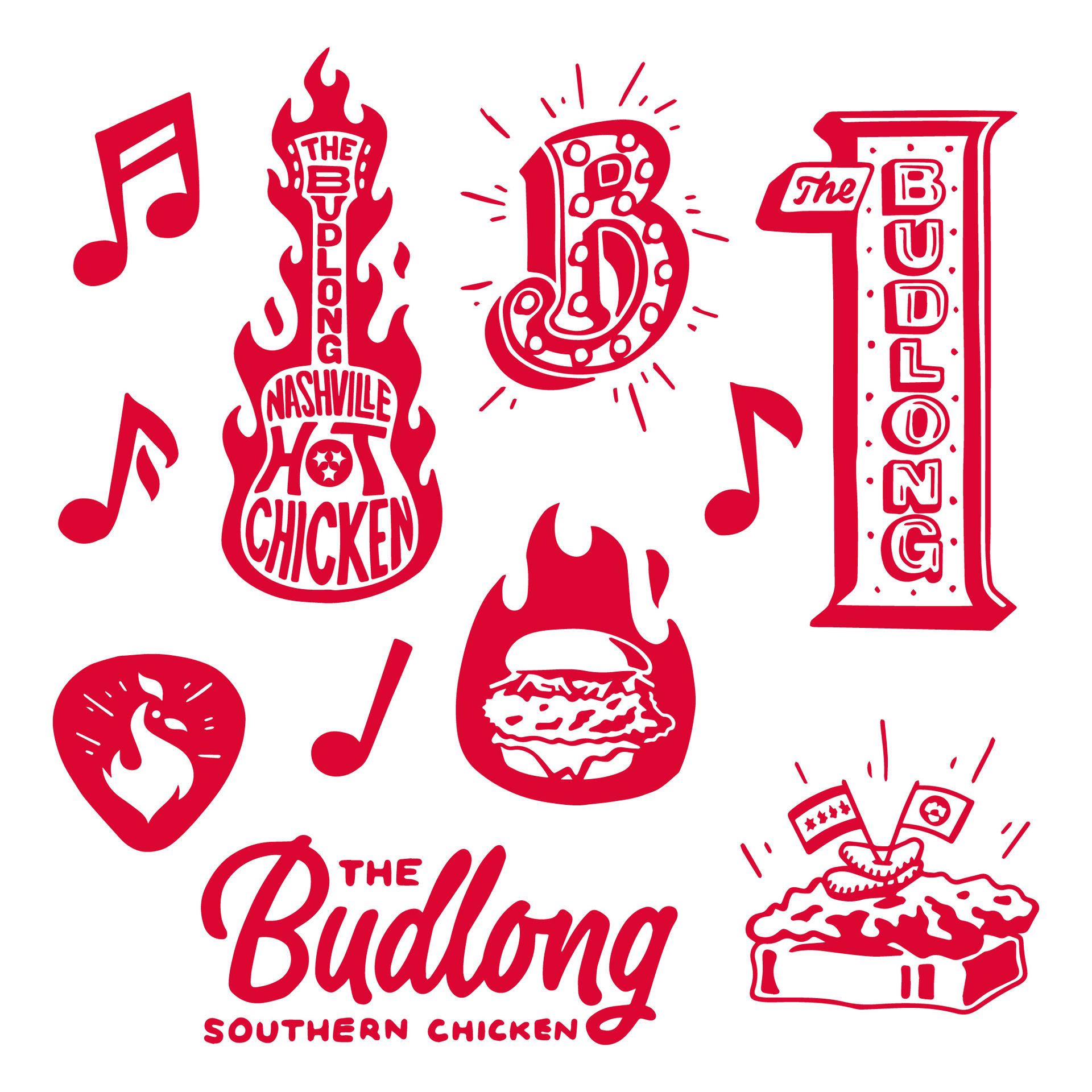 Red logo collage for The Budlong, featuring a sandwich, hot chicken, music notes, and bold text.