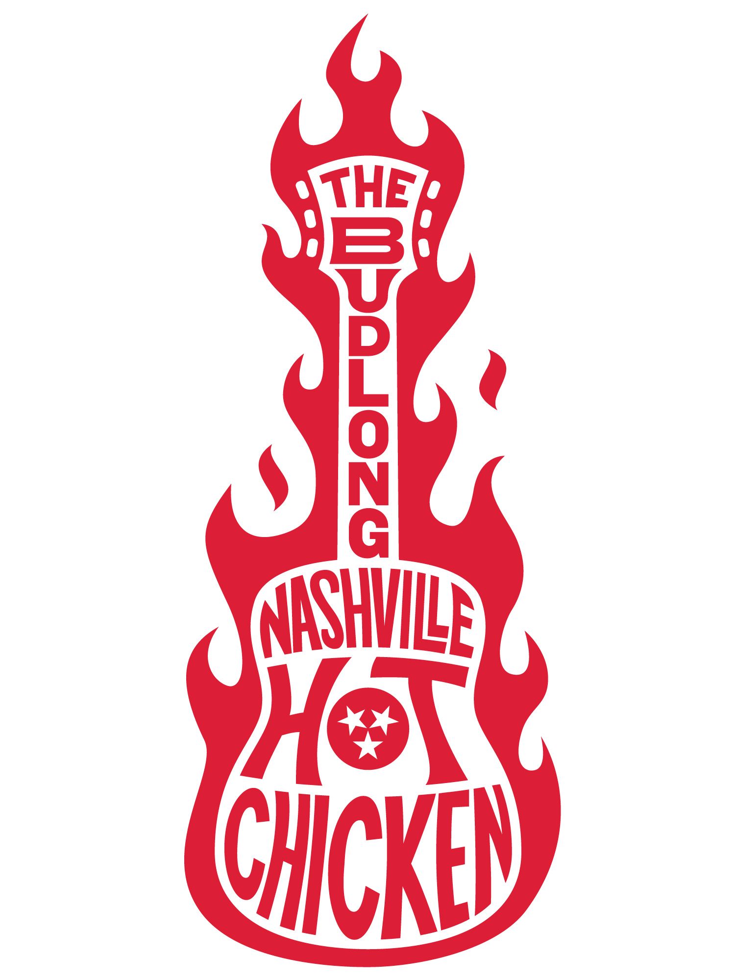 Red flame-shaped logo reading “The Budlong Hot Chicken” in red and white