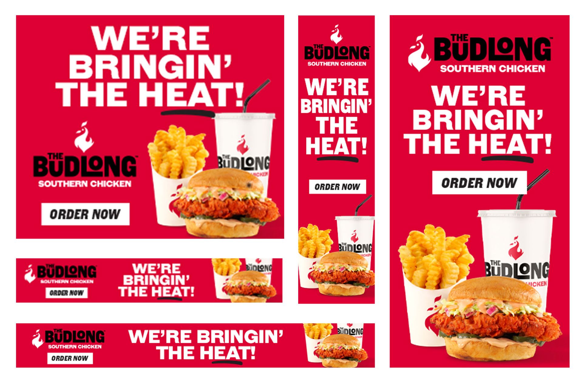 Buldog Burger ad in red and white, with burgers and fries and the slogan “We’re bringing the heat!”