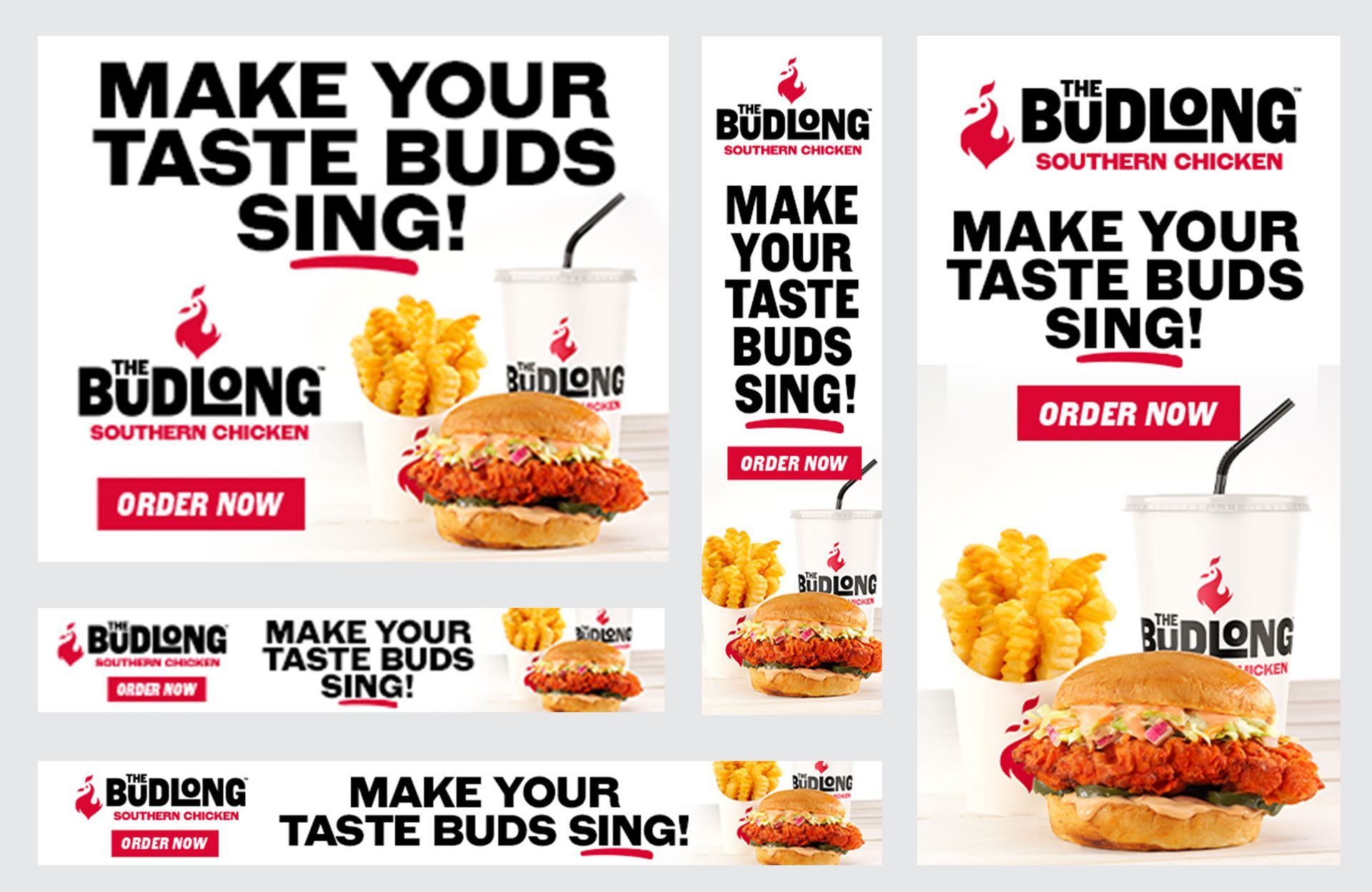 Budlong fried chicken ad with burgers, fries, and “Make your taste buds sing!” text on a white background