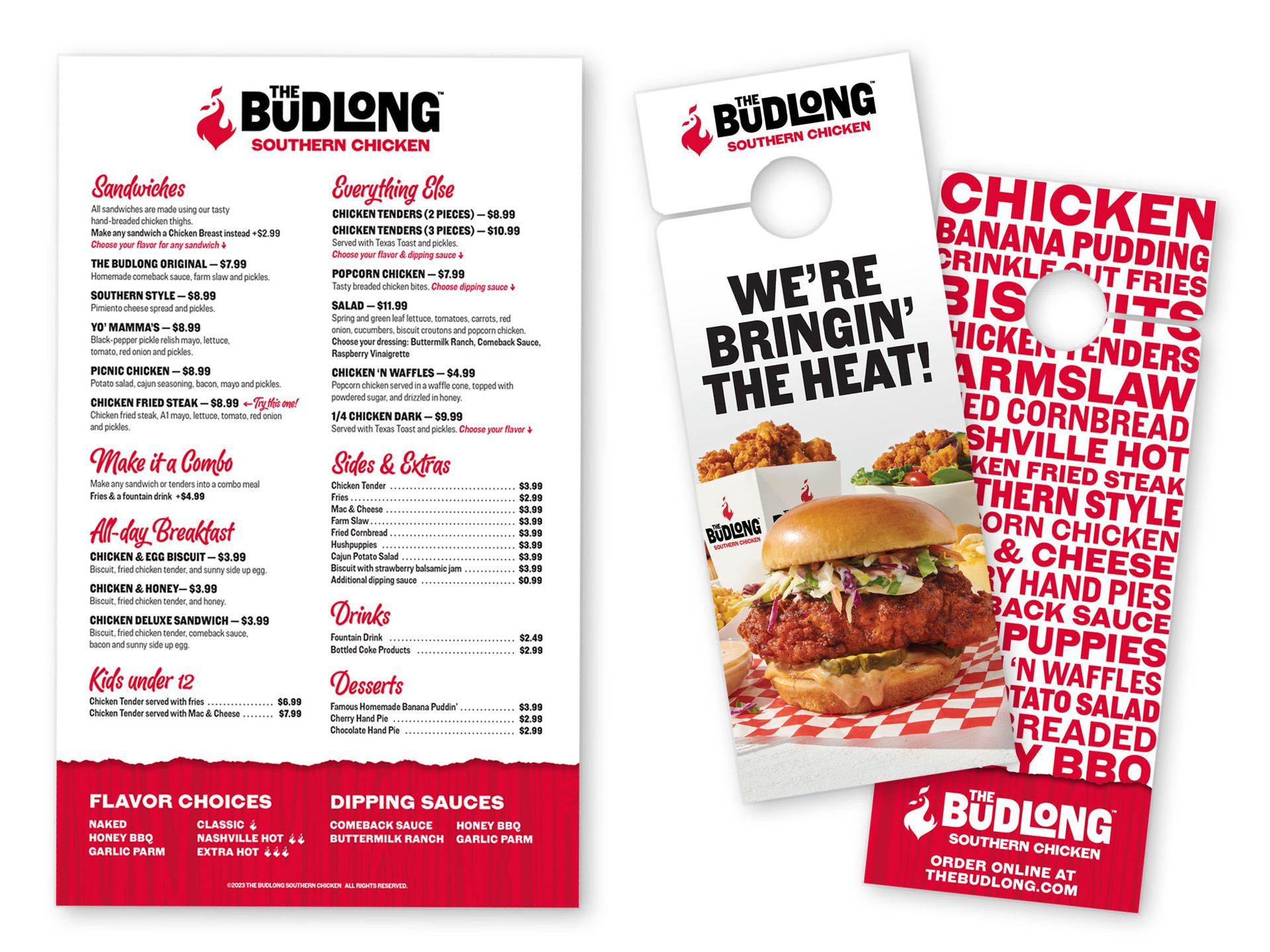 Budlong Chicken menu and promo cards with red-and-white branding and a burger ad reading “We’re bringing the heat!”