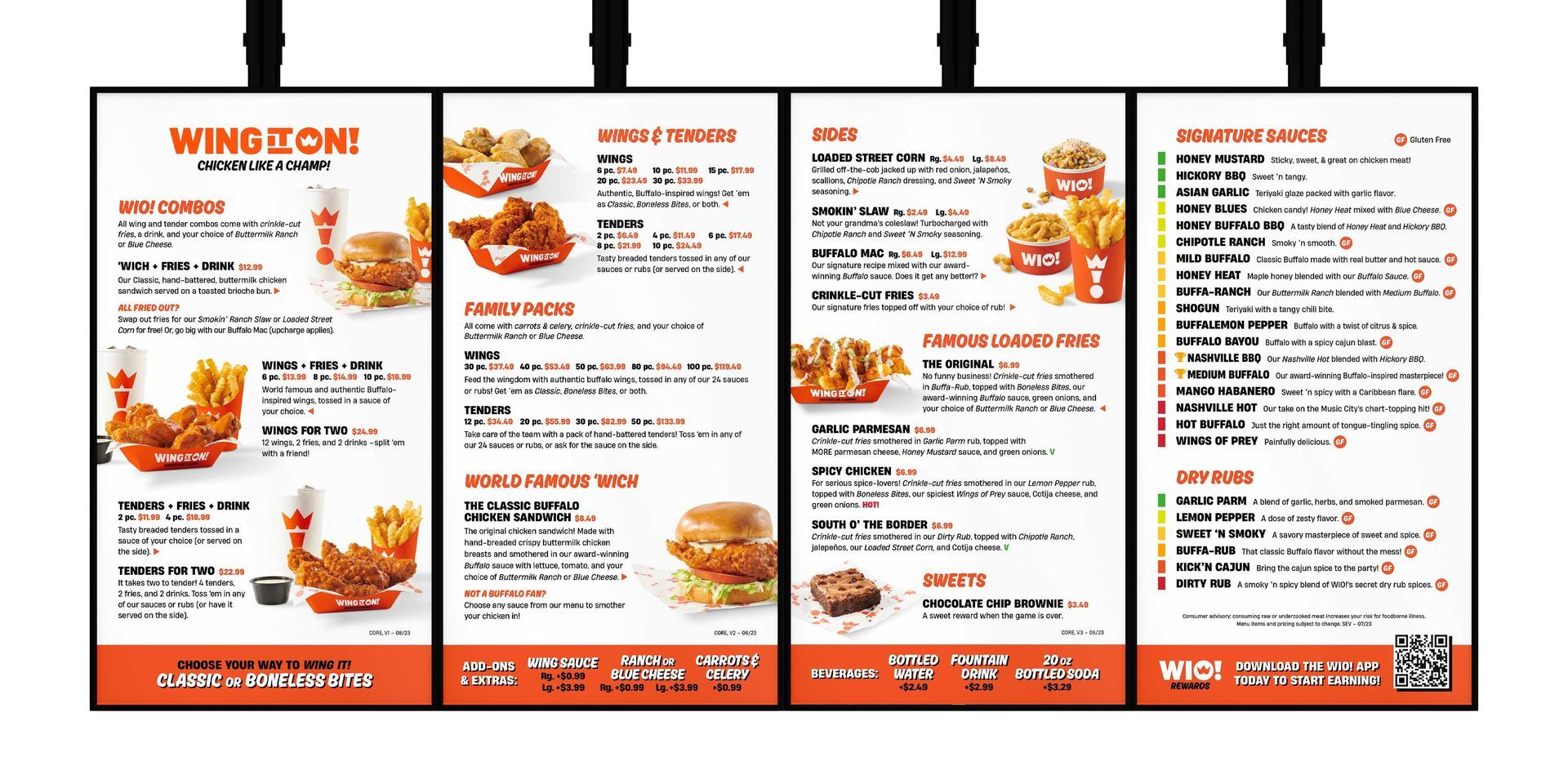 Orange-and-white restaurant menu flyer with wing combo photos and pricing details