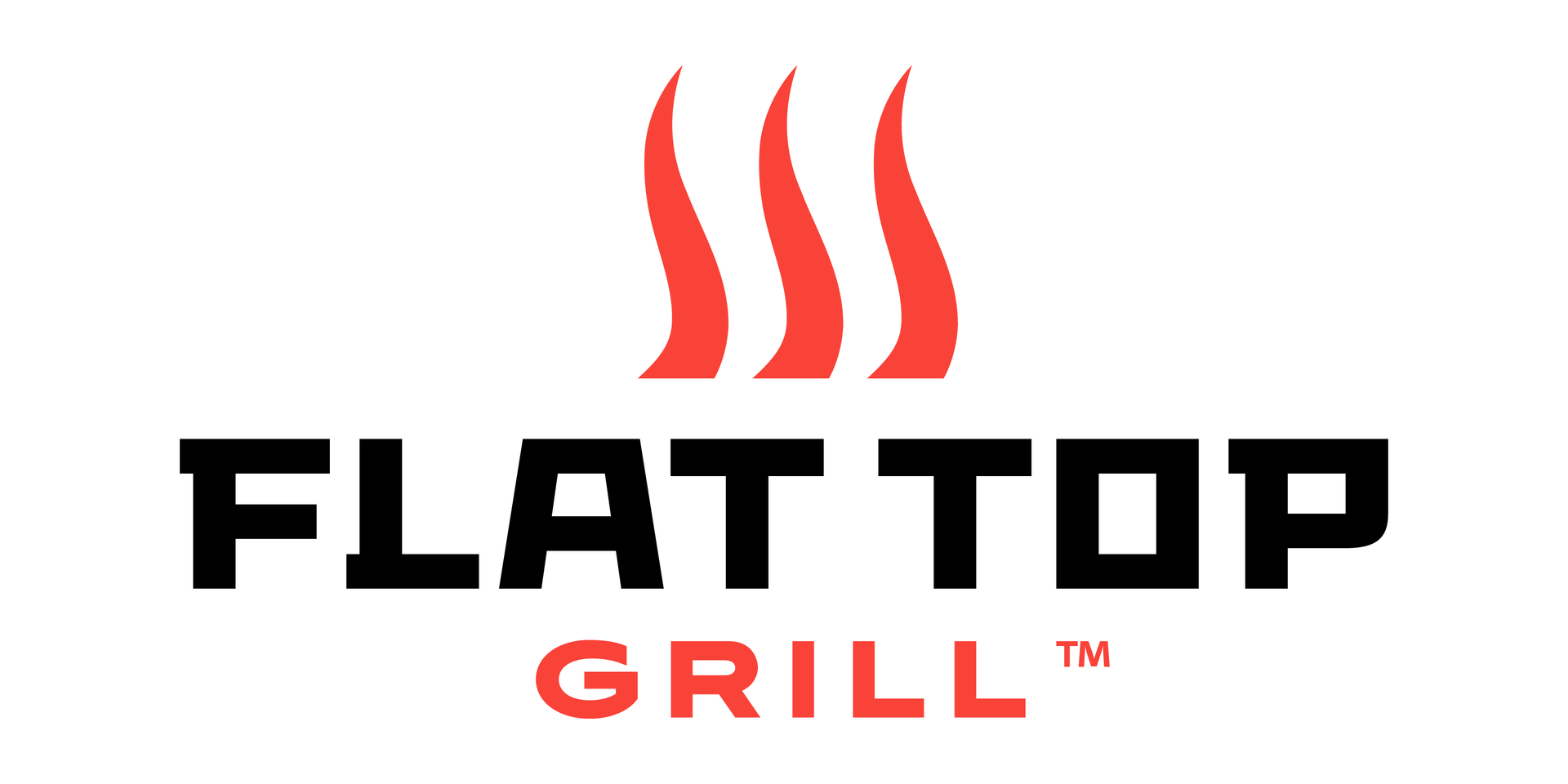 Flat Top Grill logo with red steam lines above bold black and red text on white background