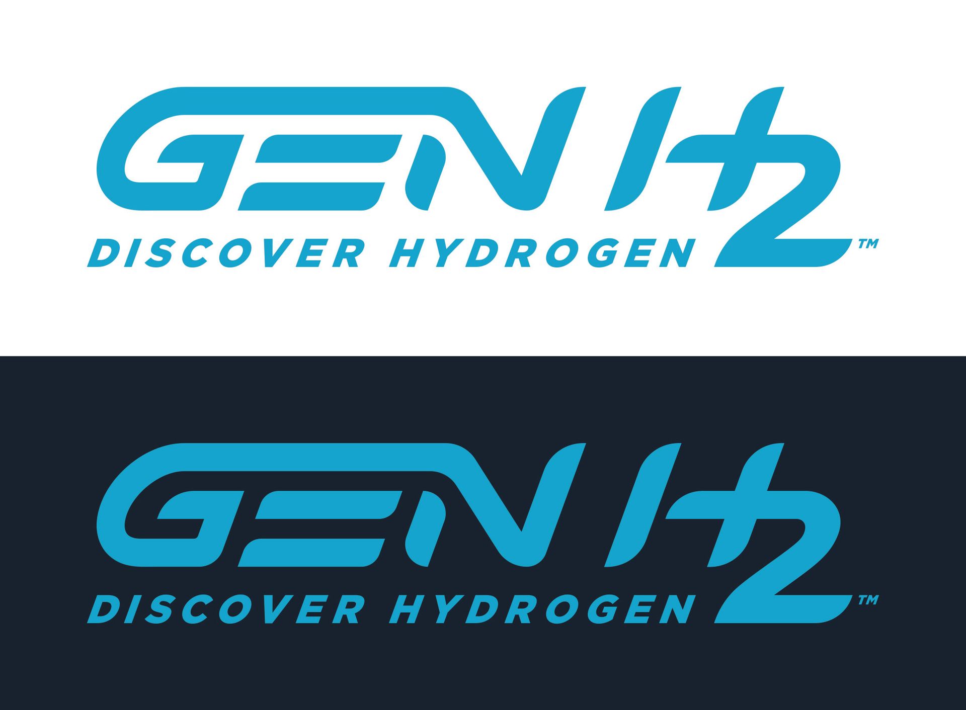 GEN H2 “Discover Hydrogen” logo in teal on white and dark backgrounds
