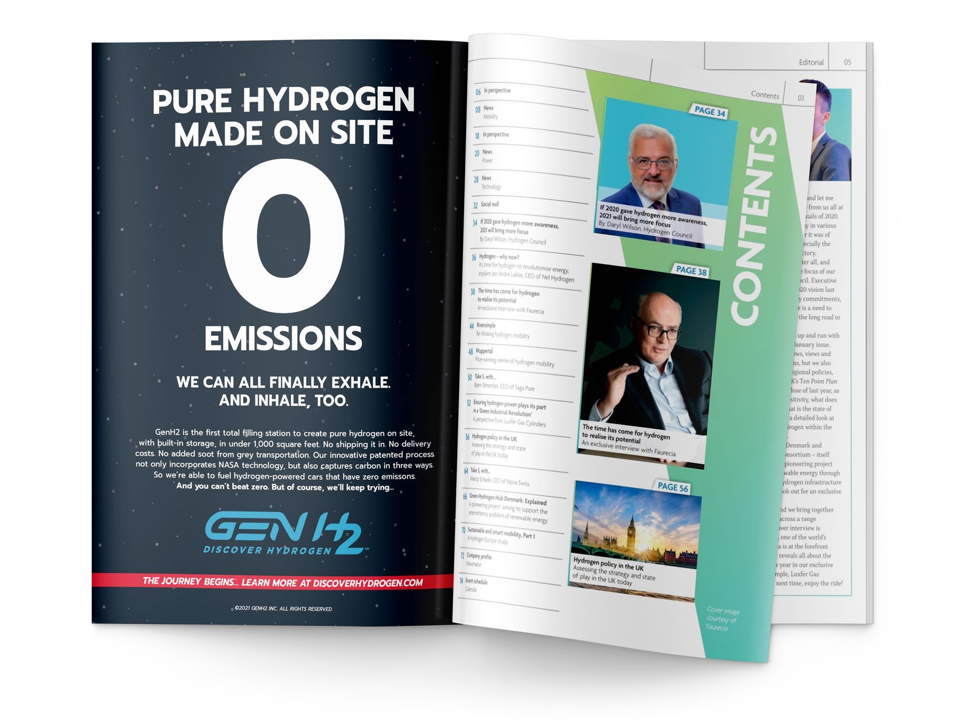 Open magazine spread with “Pure Hydrogen Made on Site” cover and contents page featuring photos and articles