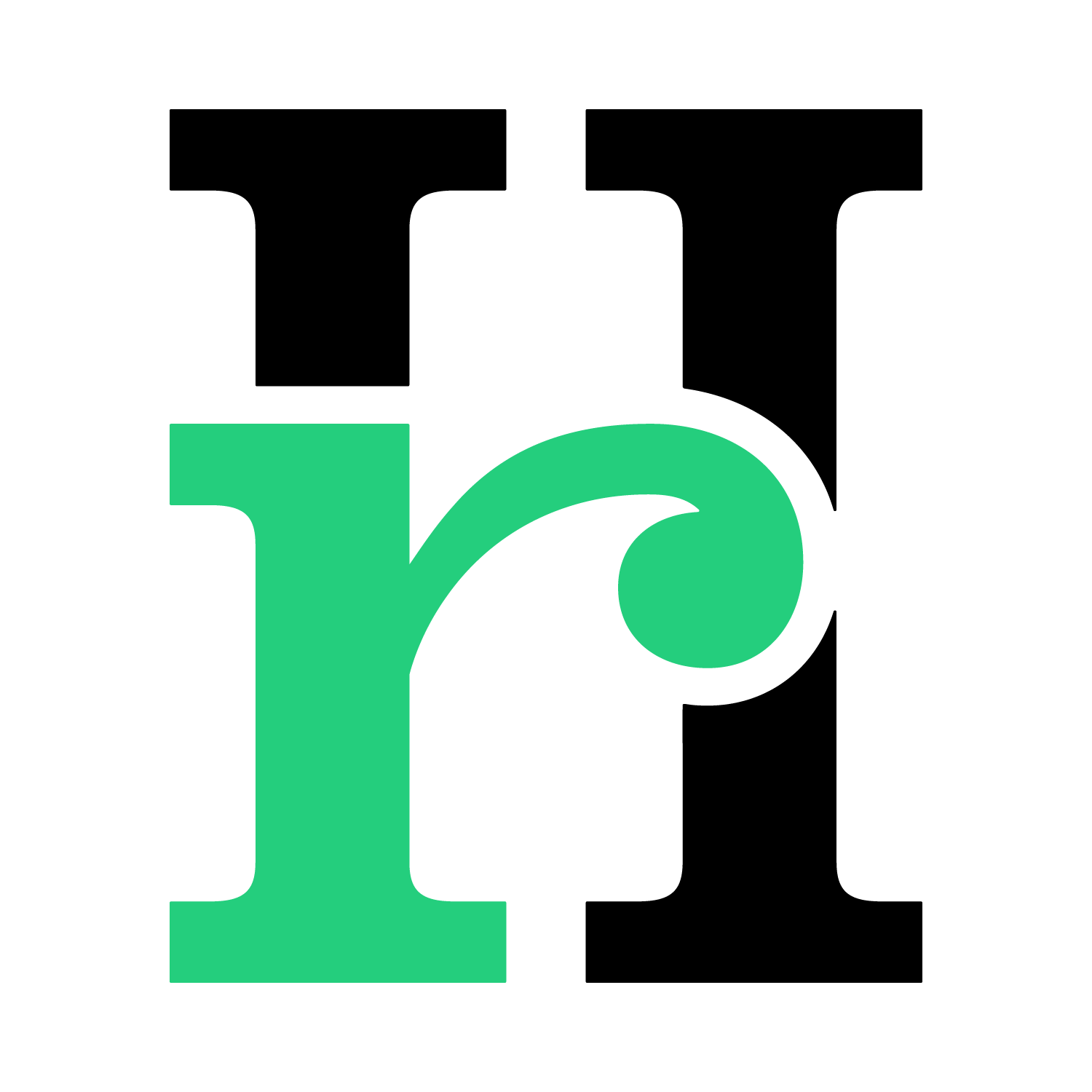 Stylized black and green lowercase “h” logo with a swirl in the center