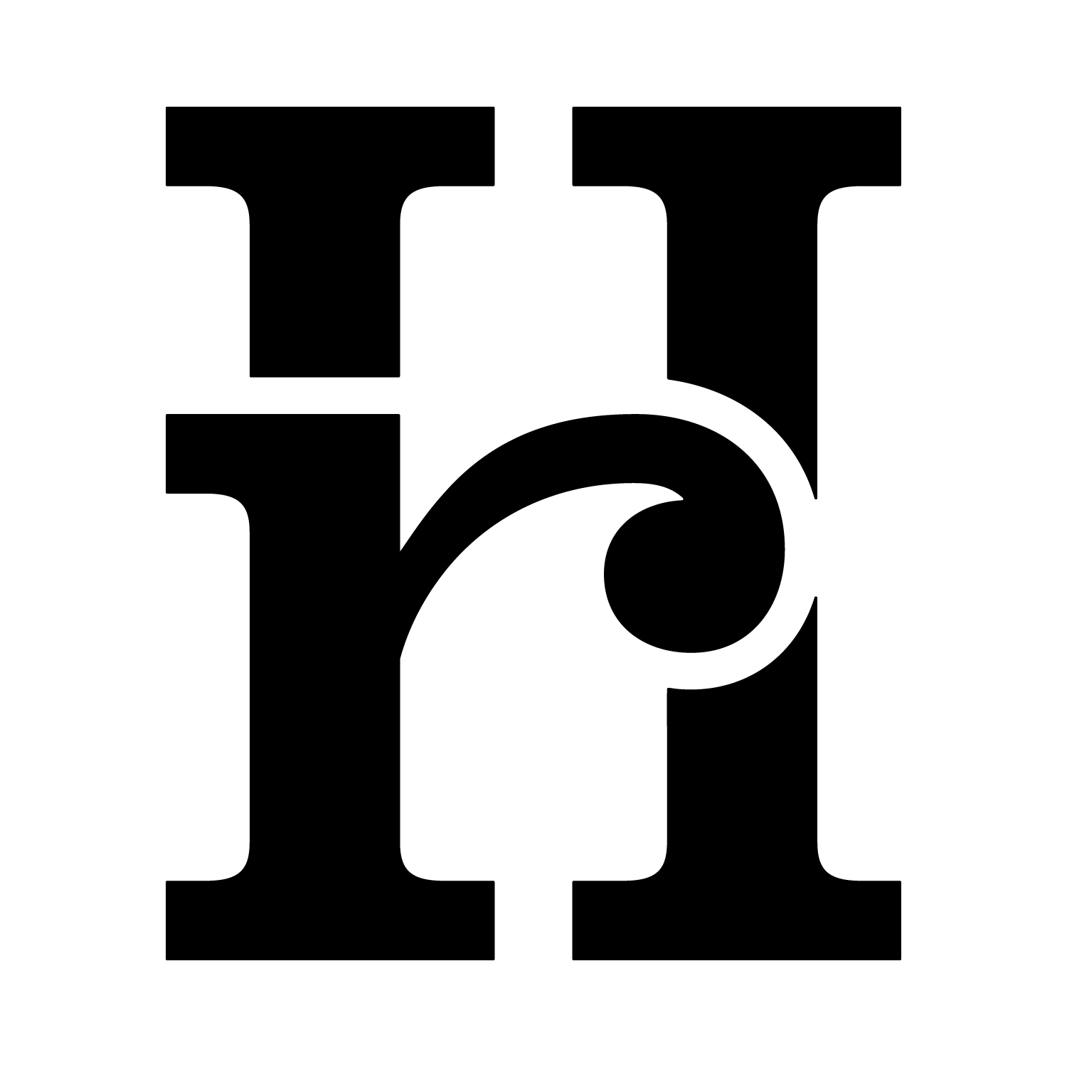 Black stylized letter H with a curved circular cutout in the center