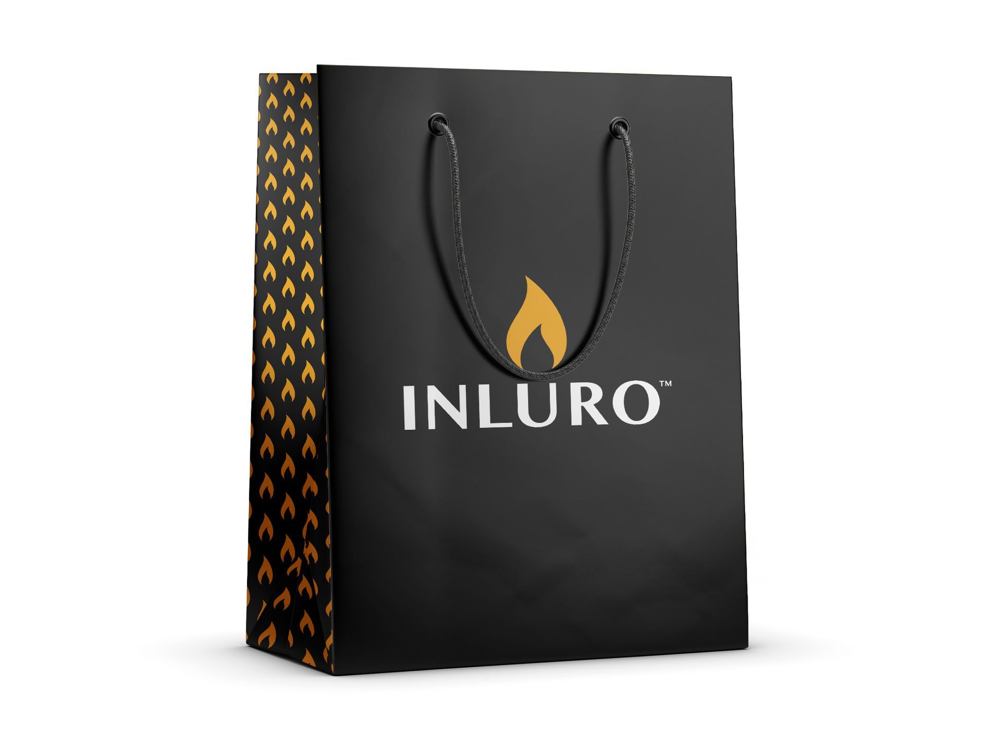 Black INLURO shopping bag with rope handles and gold flame logo on a white background