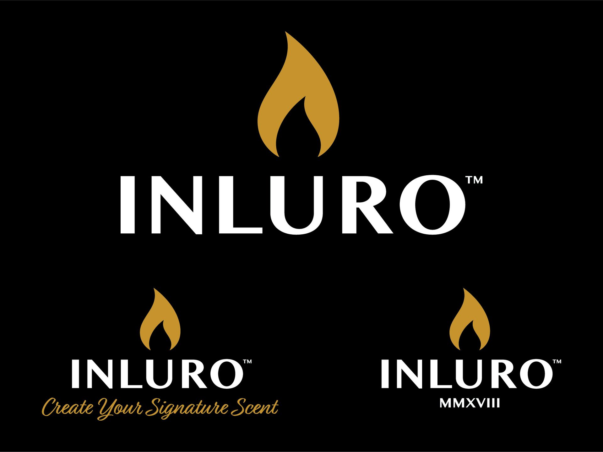 INLURO logo in white and gold on black, with flame icon above the name and two smaller logo variants below