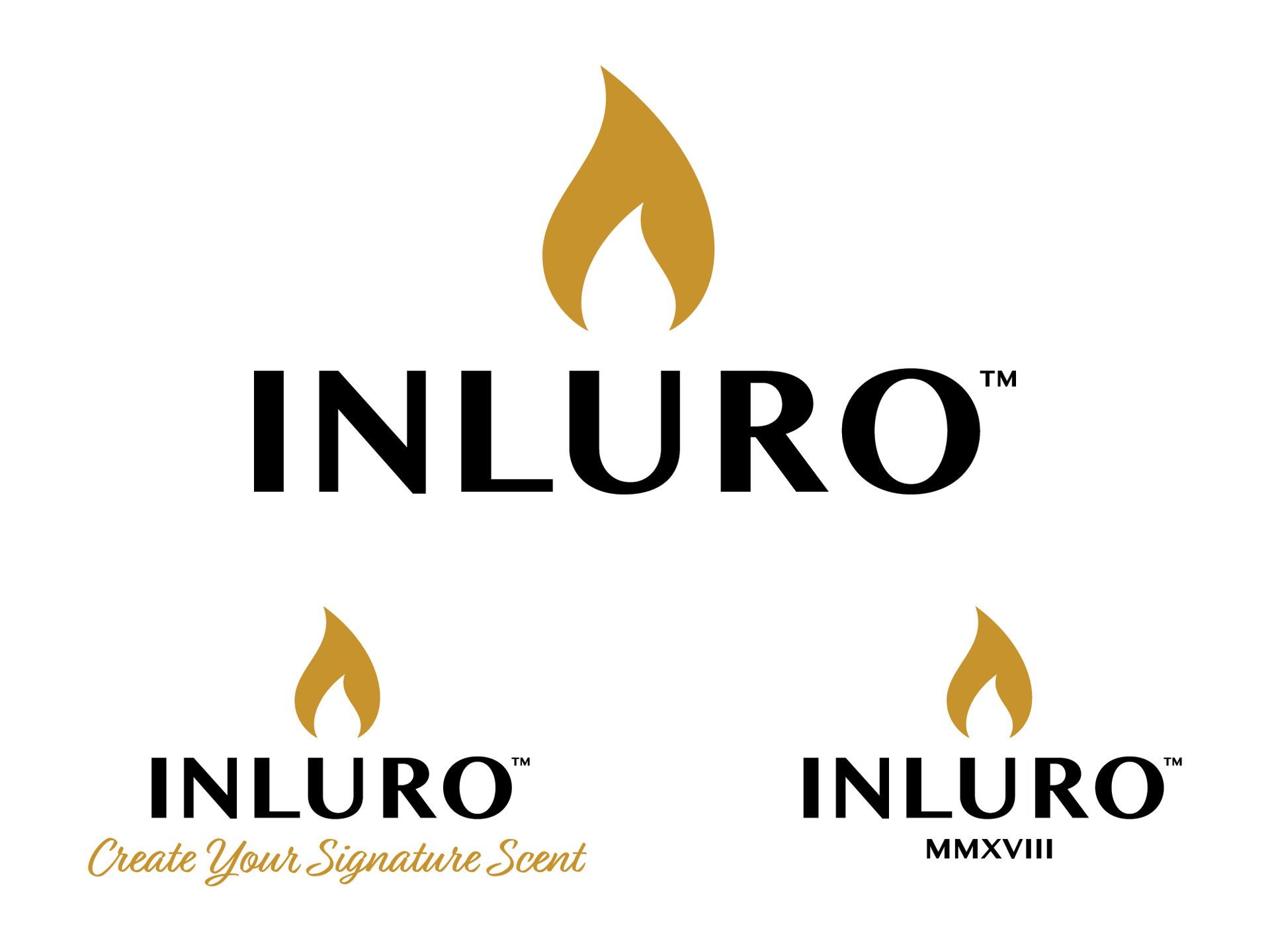 INLURO logo with gold flame icon above bold black text, plus two smaller logo variations below
