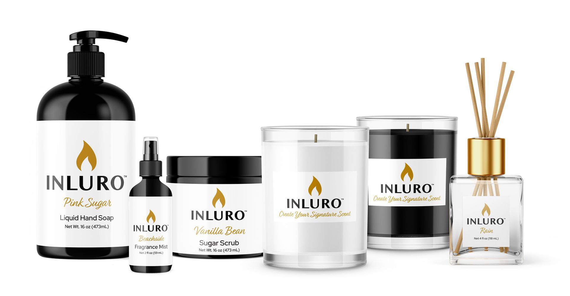 INLURO product set with black pump bottle, jars, bottles, and reed diffuser on white background
