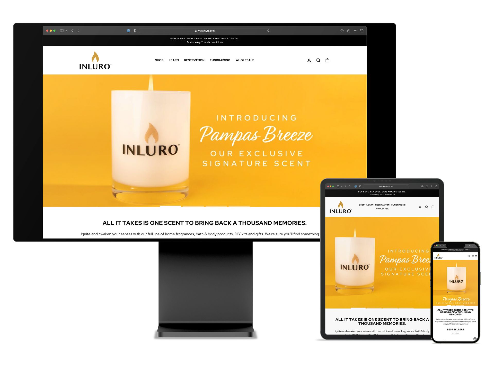 Laptop, tablet, and phone showing a yellow Inluro website homepage for Inluro scented candle.