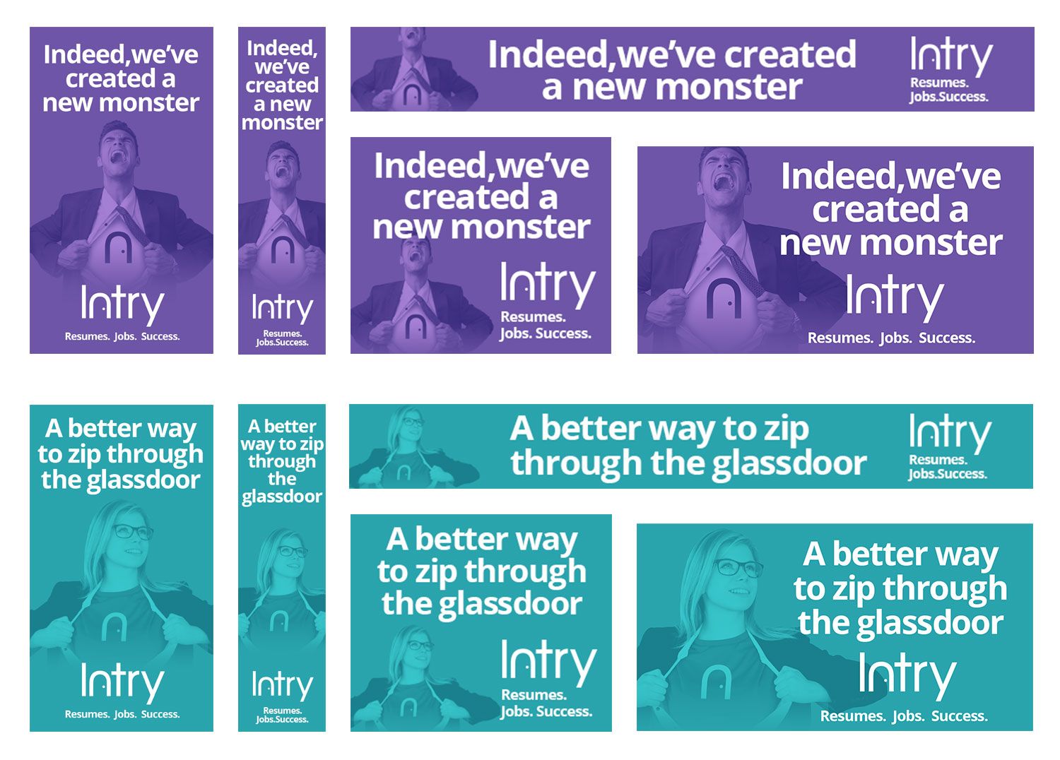Six teal and purple Intry ad mockups with headlines about creating monsters and zipping through glass doors