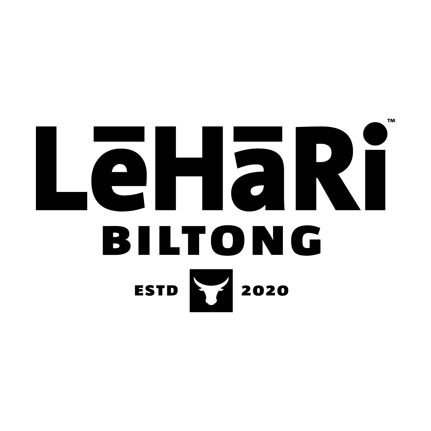 Lehari Biltong logo in black with “ESTD 2020” and a bull head icon on white background