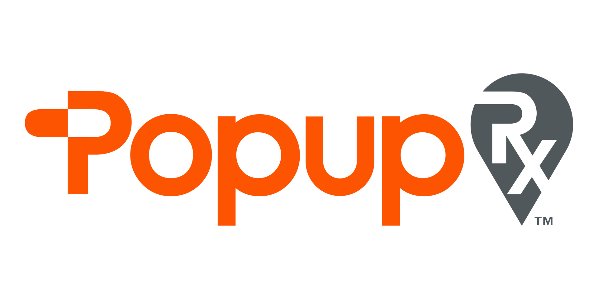 PopupRx logo with orange “Popup” text and a gray Rx in a pin-shaped icon
