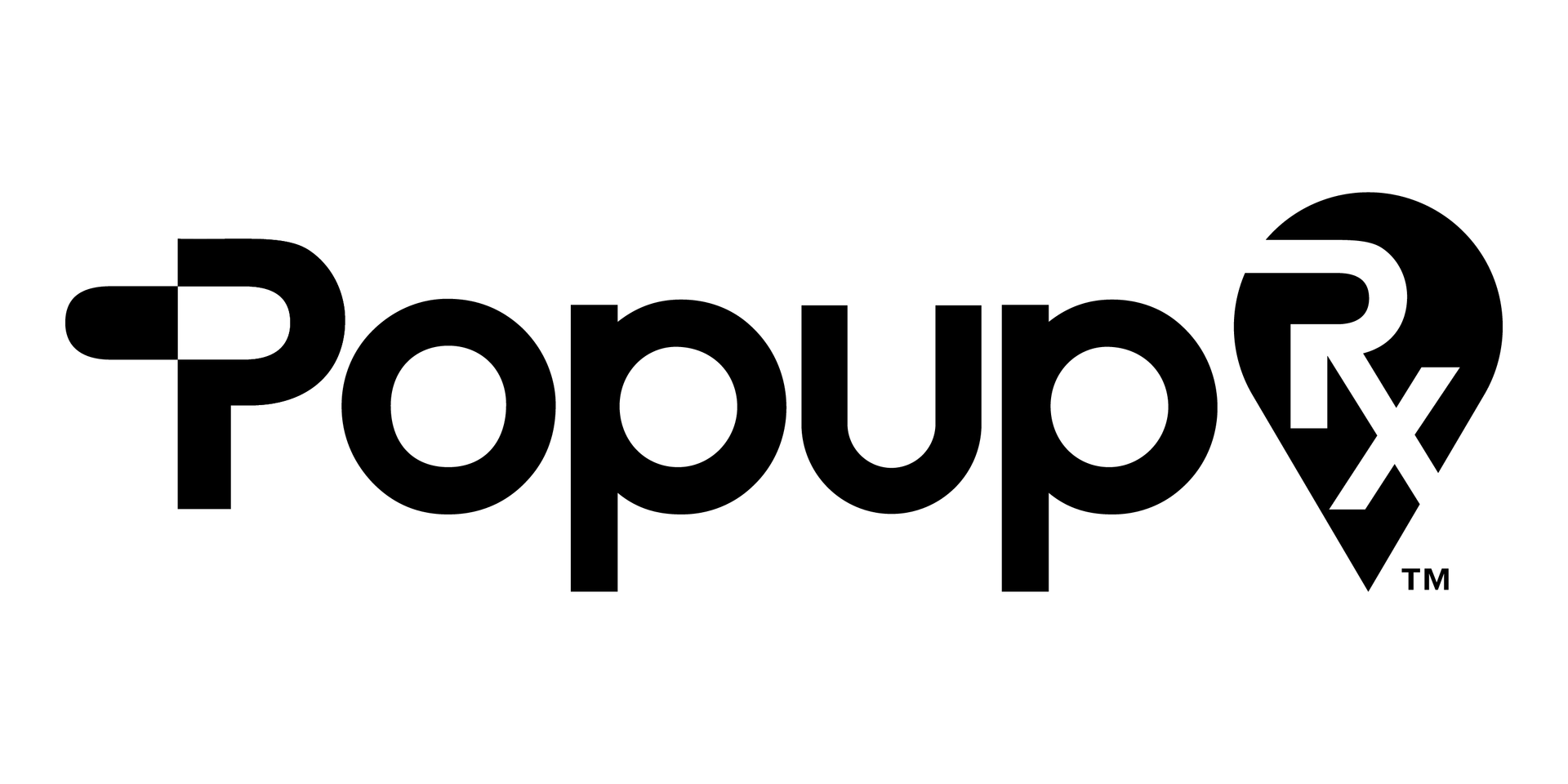 PopupRx logo in black with stylized Rx inside a teardrop shape