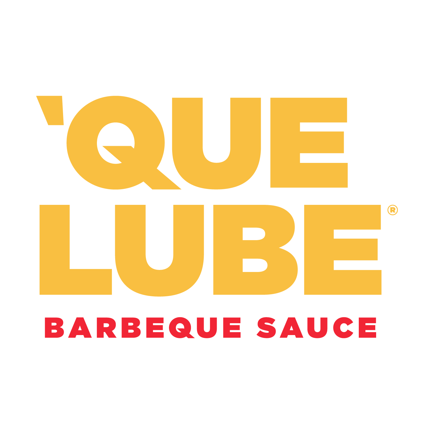 'Que Lube barbeque sauce logo in yellow and red on a white background