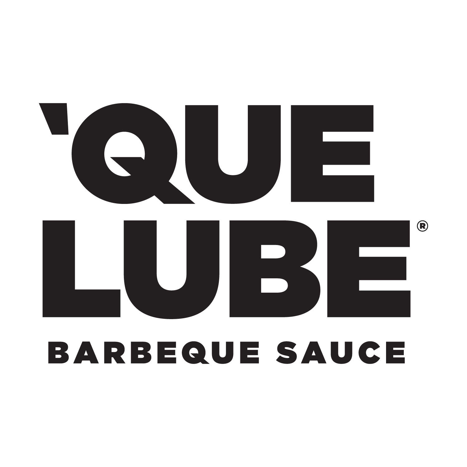 Que Lube Barbeque Sauce logo in bold black text on a white background