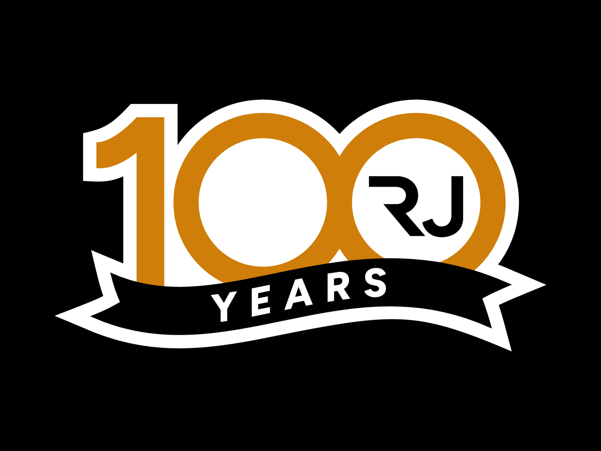 RJ Oneil 100 Years logo in copper and black with a ribbon banner on a black background