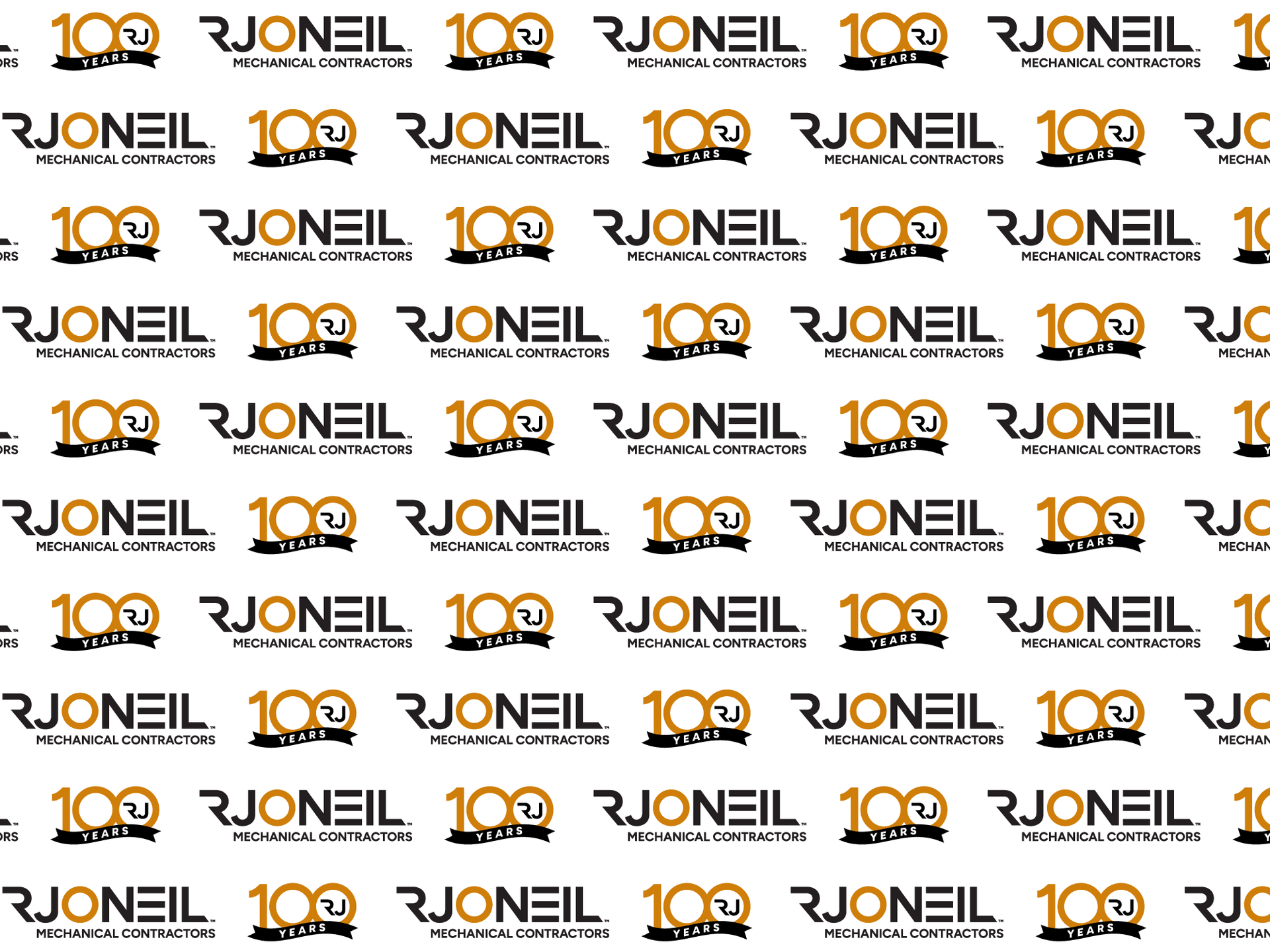 Repeating RJONEIL logo pattern in black, and copper on a white background
