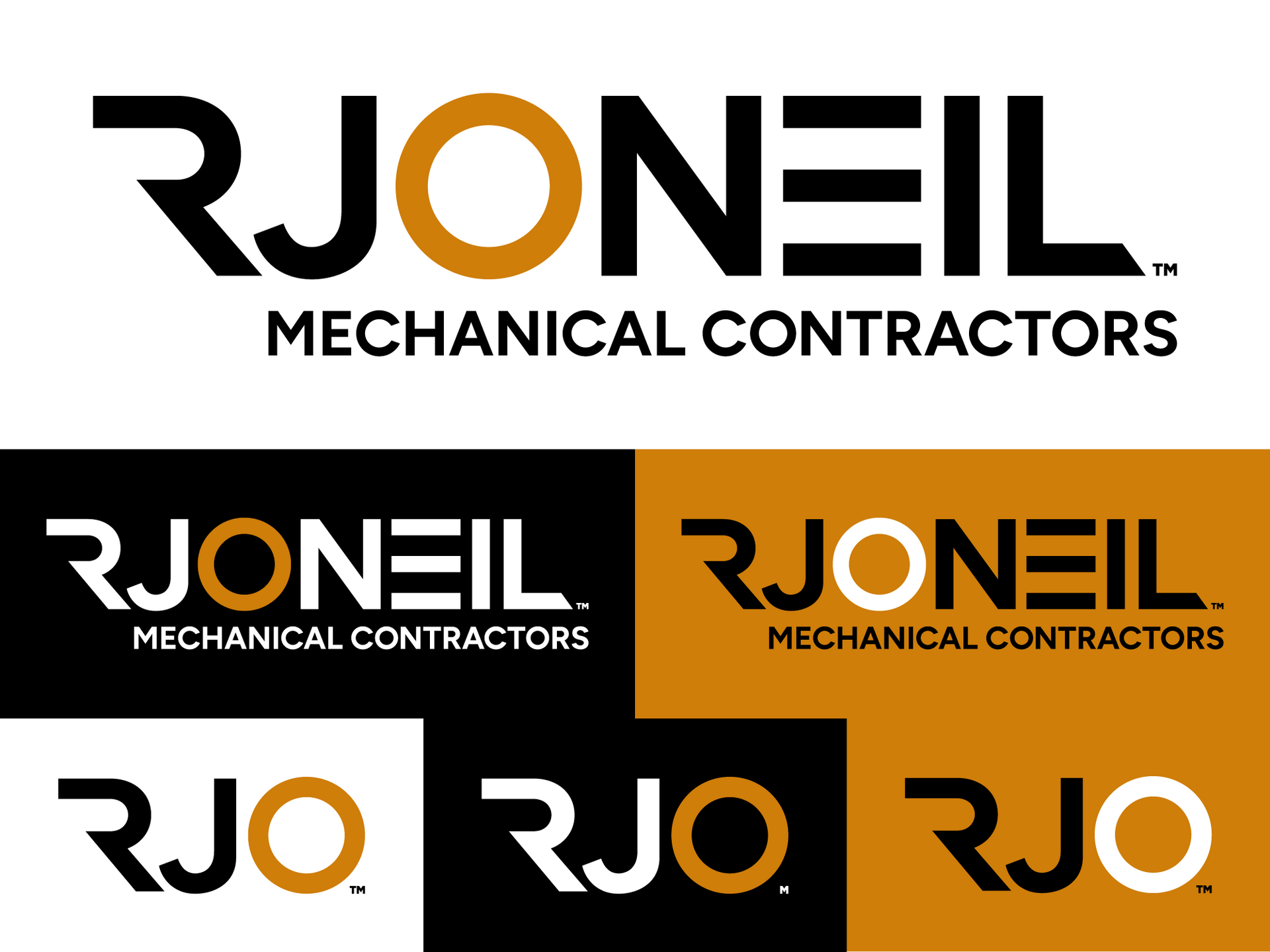 RJONEIL Mechanical Contractors logo in black, white, and copper with multiple size variations