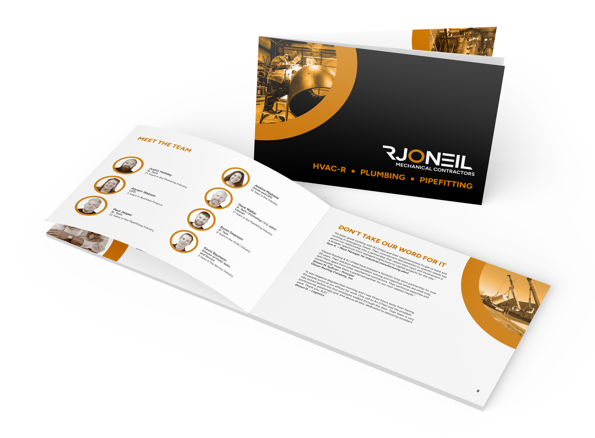 Folded brochure mockup with coin icons and logo on a white background