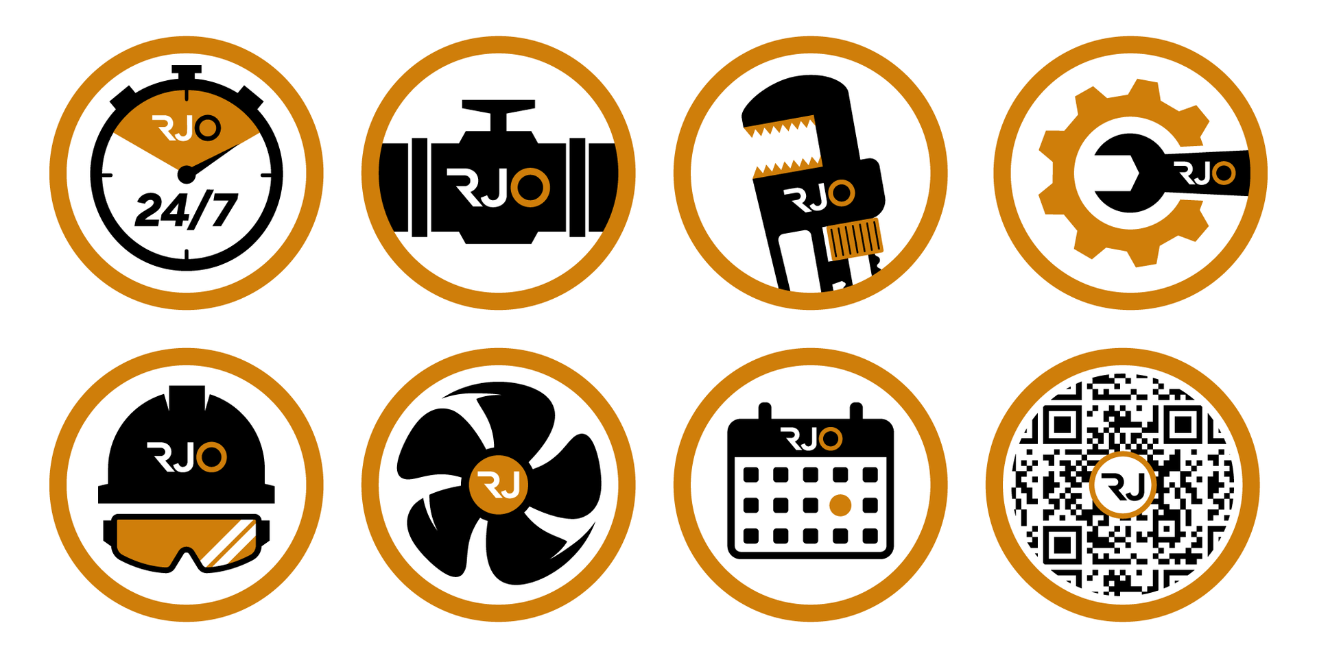 Eight circular copper-and-black icons showing clock, suitcase, megaphone, gear, laptop, fan, calendar, and QR code.