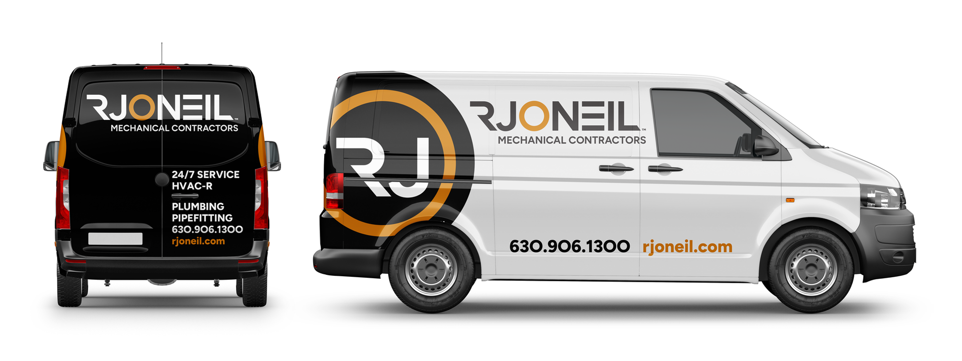 RJ Oneil van with copper accents, side and rear views on a white background