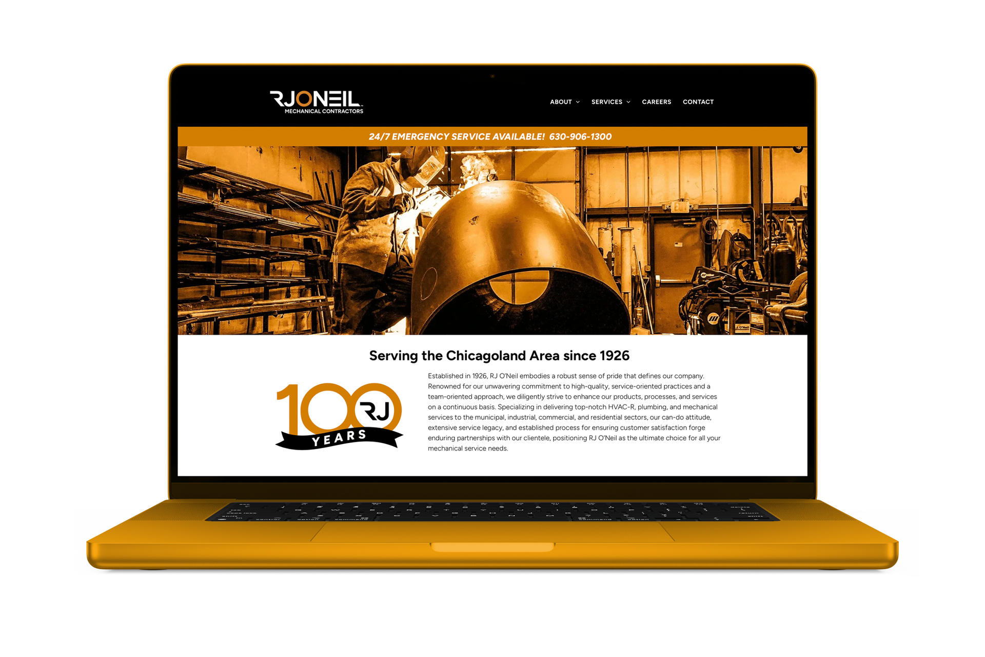 Laptop displaying the RJ Oneil website with a warm, copper color 