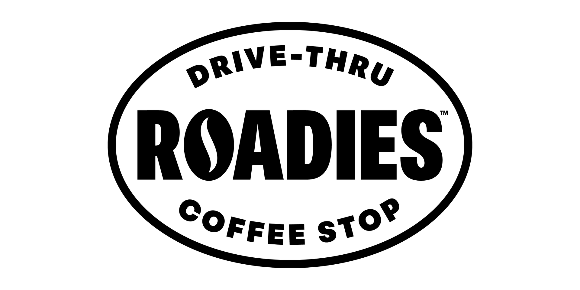 Black oval logo reading “Roadies Coffee Stop” with “Drive-Thru” above and “Coffee Stop” below