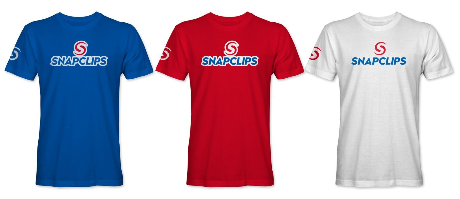 Three SnapClip is logo T-shirts in blue, red, and white on a white background – as seen on Shark Tank