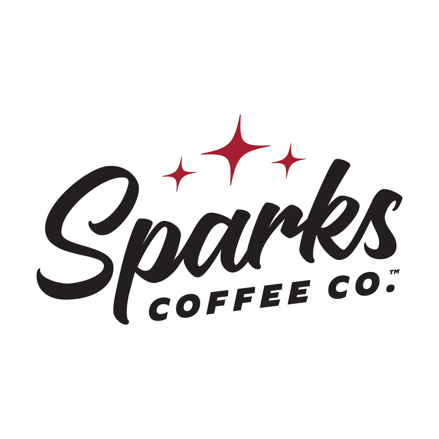 Sparks Coffee Co. logo in black script with red spark icons on a white background