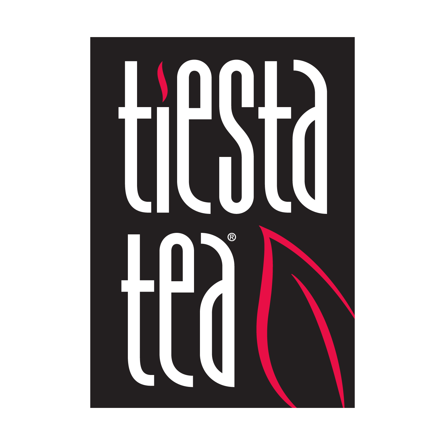 Tiesta Tea logo in white and red on a black background
