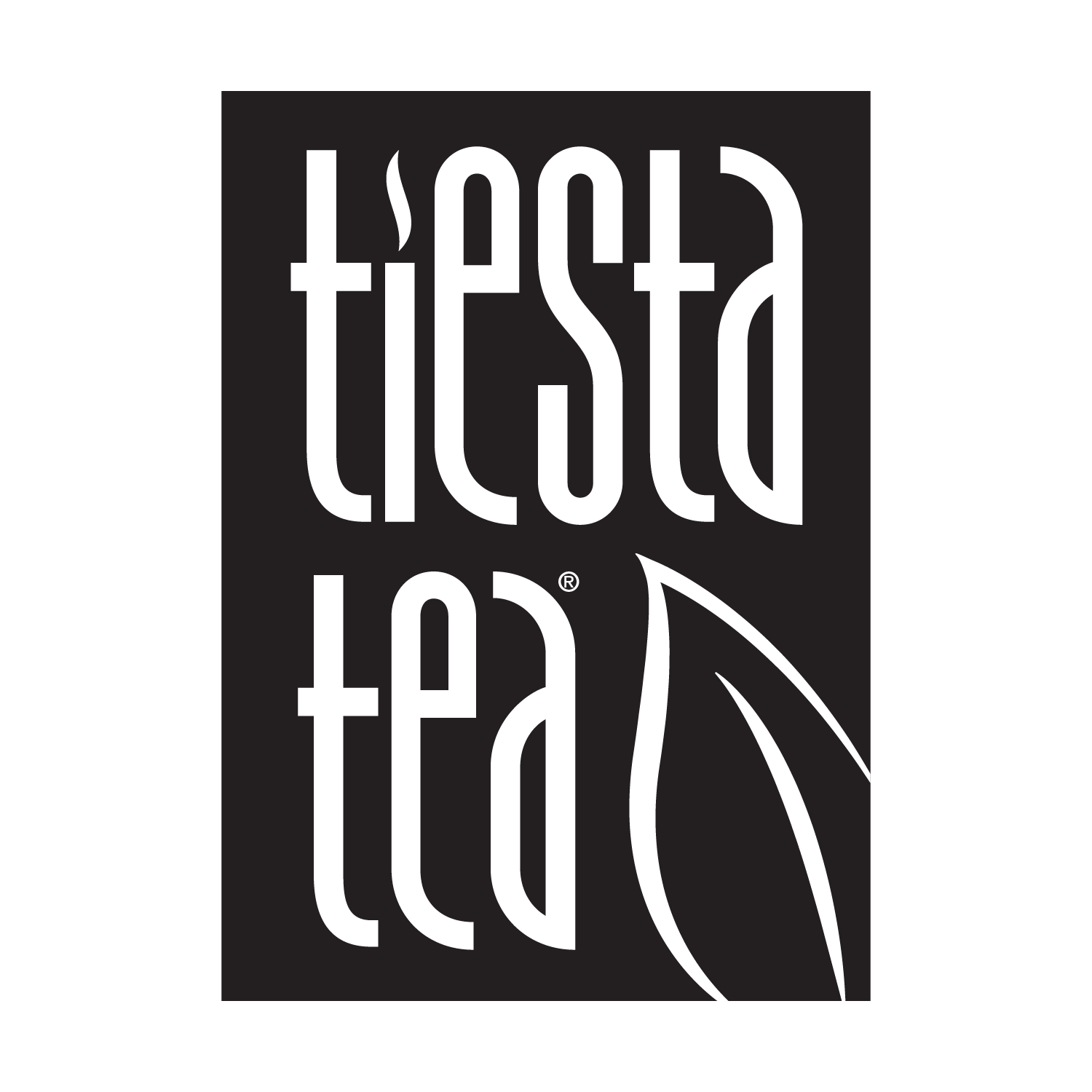 Tiesta Tea logo in white on a black background with stylized leaf outline